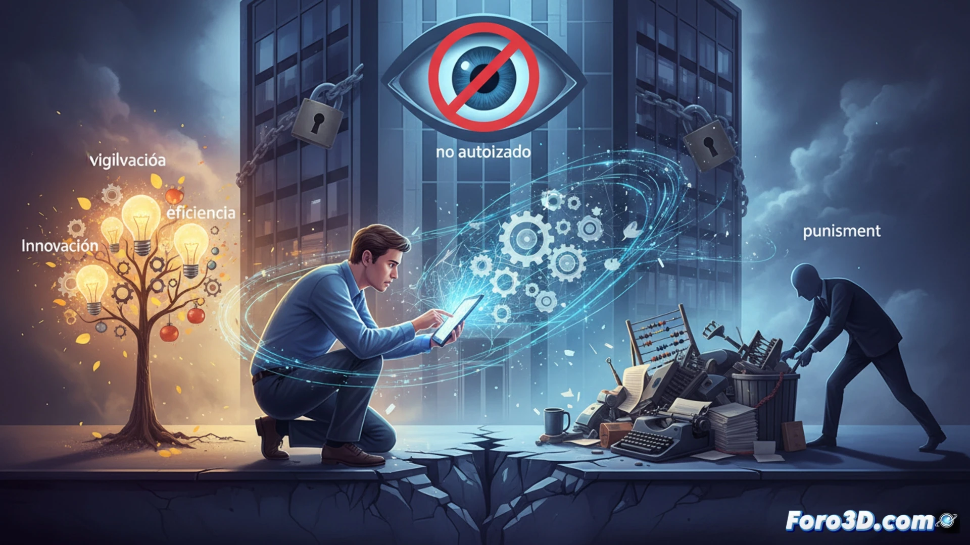 corporate office scene, employee using a sleek unapproved tablet to automate workflow with glowing AI interface, manager watching from behind with crossed arms holding a policy manual, productivity metrics rising on screen while a red warning symbol appears, contrasting bright innovative workspace with shadowed control zone, technical illustration style, clean geometric lines, blue and orange lighting split, photorealistic render, ultra-detailed office technology, subtle tension in body language