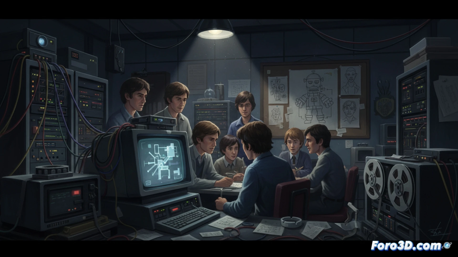 early 1970s computer lab scene, a CRT monitor displaying wireframe 3D cube rotating slowly, punch cards scattered on a metal desk, an engineer adjusting knobs on a massive mainframe while pointing at the screen, reel-to-reel tape drives spinning in background, oscilloscope showing waveform traces, vintage keyboard with thick cables, fluorescent overhead lighting casting blue-white glow on linoleum floor, technical illustration style, retro-futuristic aesthetic, sharp focus on the monitor's glowing green vector lines, dust particles visible in light beams, photorealistic engineering visualization