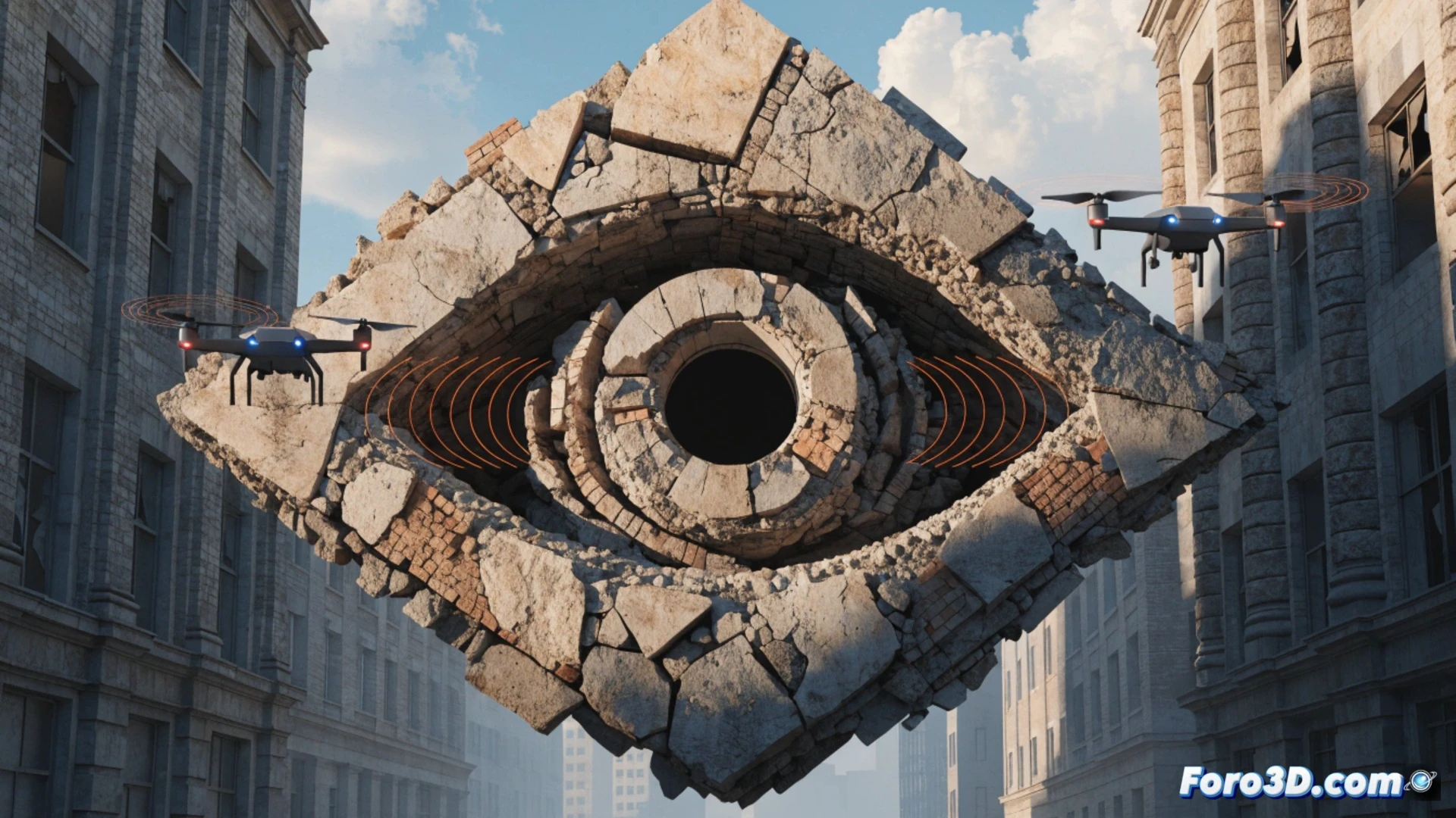Un dron con escáner láser sobrevuela un edificio generando una nube de puntos 3D azul brillante que revela grietas y humedades ocultas.