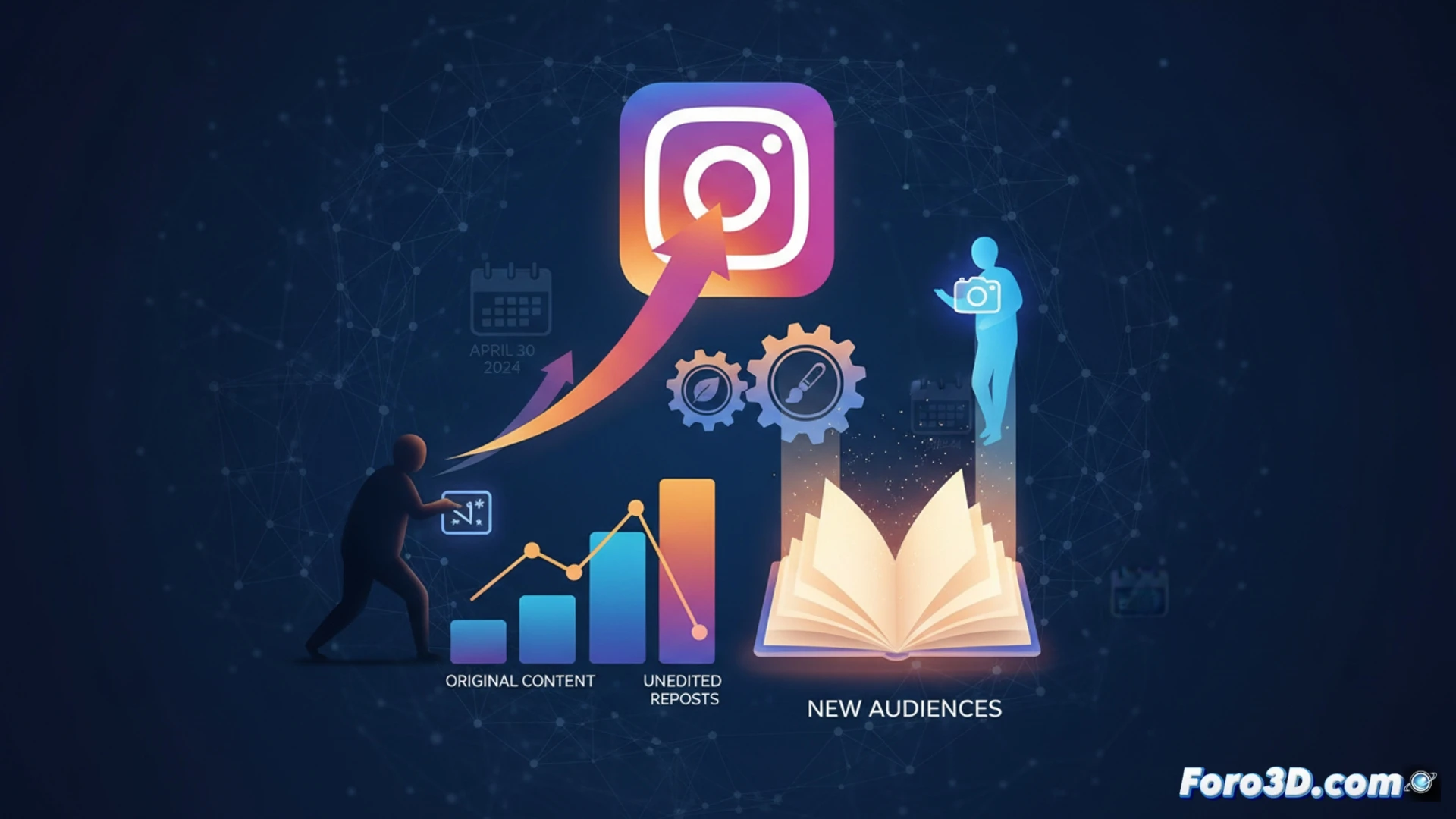 Una mano con un teléfono muestra un carrusel en Instagram; el fondo tiene un sello rojo de 'No original' sobre capturas de pantalla y memes borrosos.