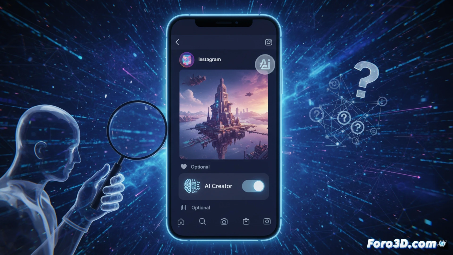 Una pantalla de Instagram muestra la etiqueta 'AI creator' opcional junto a un icono de IA, con un fondo difuso de imágenes generadas por inteligencia artificial y un signo de interrogación sobre la transparencia.