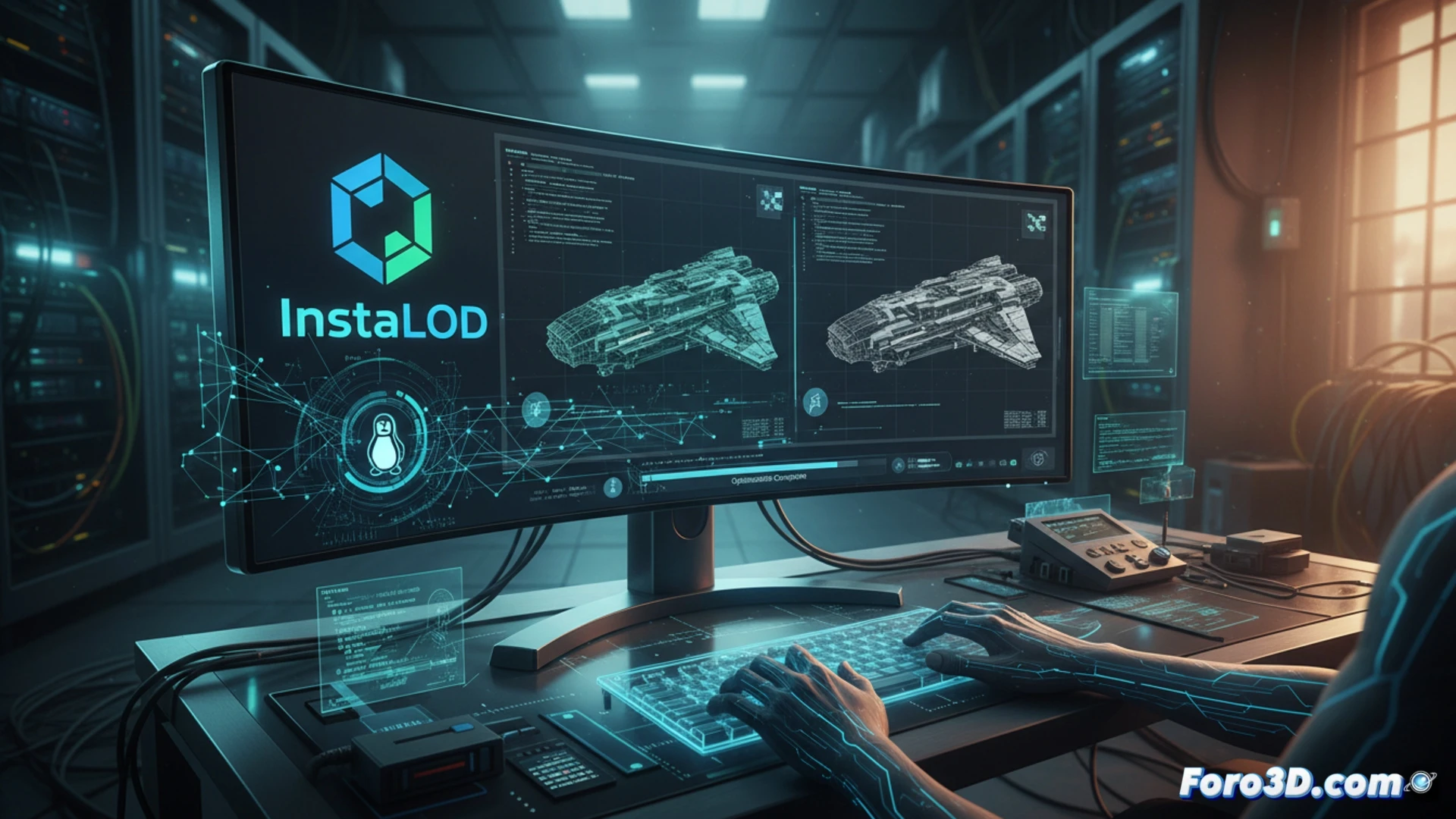 Descripción detallada de la imagen (80-120 caracteres):  
Ilustración conceptual de un monitor Linux mostrando la interfaz de InstaLOD reduciendo mallas 3D, con íconos de engranajes y archivos optimizados.