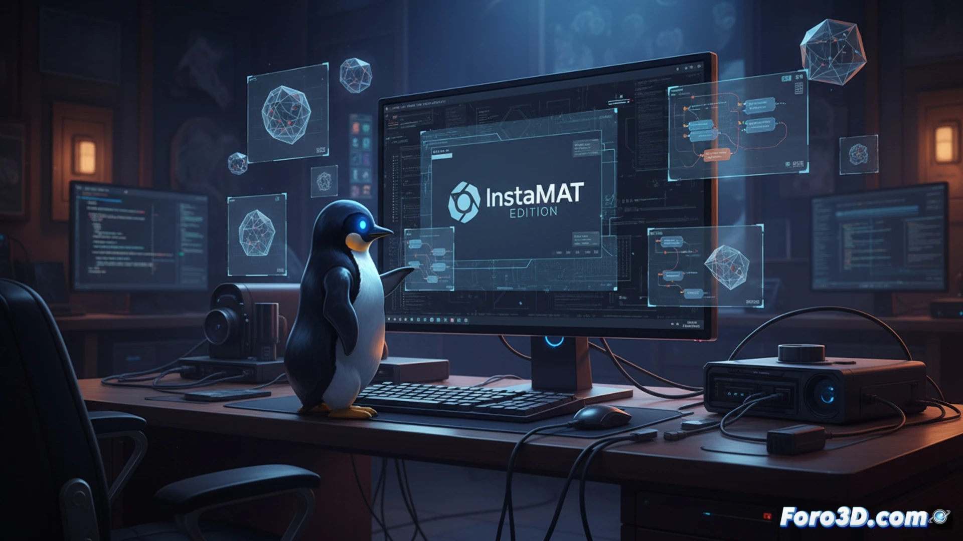 Un monitor con interfaz de InstaMAT y modelo 3D optimizado en InstaLOD, sobre fondo de logotipos de Rocky Linux y RHEL.