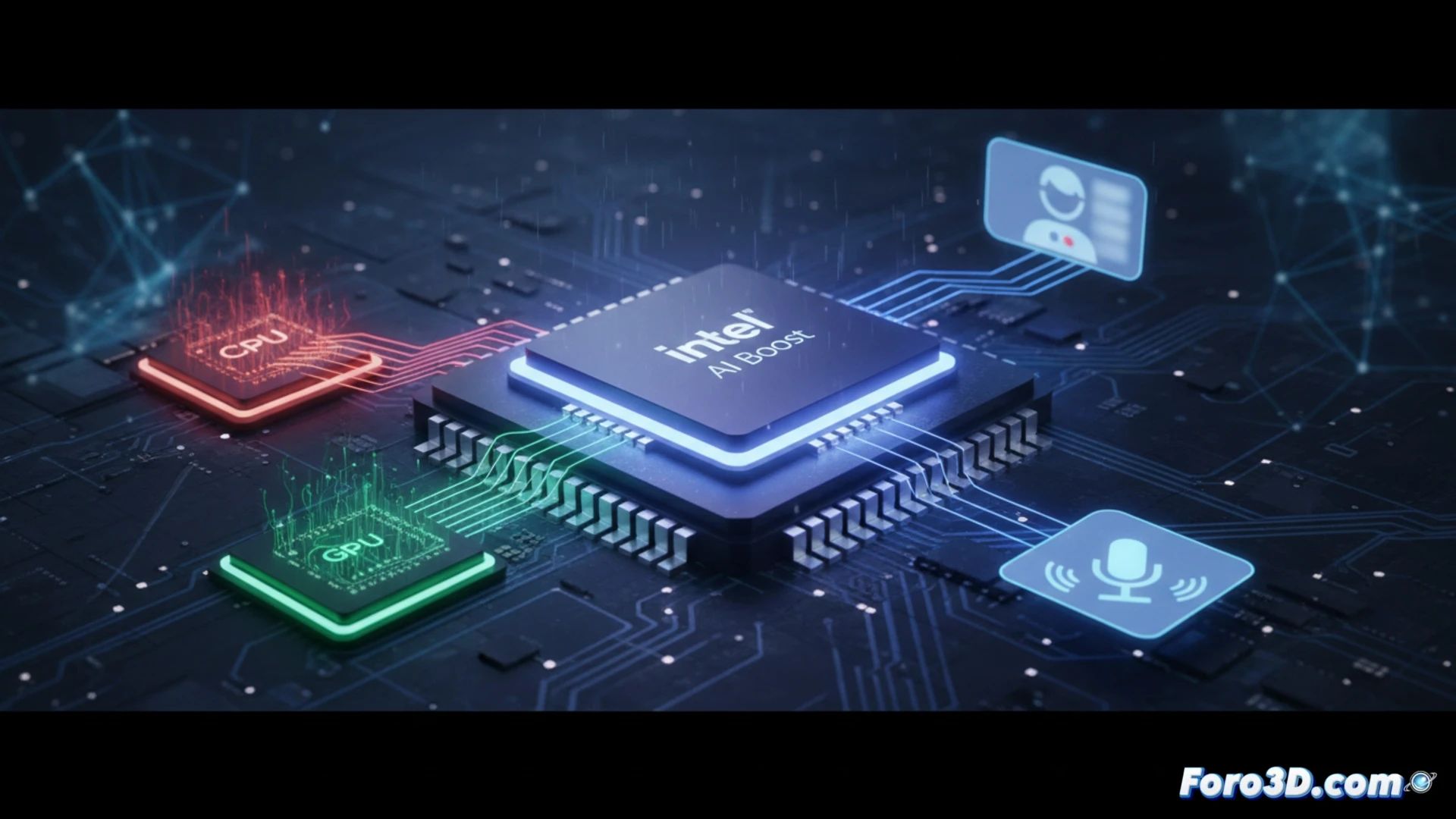 close-up of an Intel Core Ultra Meteor Lake processor die, NPU section labelled Intel AI Boost glowing with blue energy, dynamic wallpaper morphing on a laptop screen behind it, noise reduction filter active during video call interface overlay, CPU and GPU cores dimmed while NPU handles AI tasks, photorealistic technical illustration, motherboard traces leading to NPU, cool cyan and silver lighting, macro lens focus on NPU area, engineering visualization style, subtle heat dissipation patterns visible, ultra-detailed silicon textures