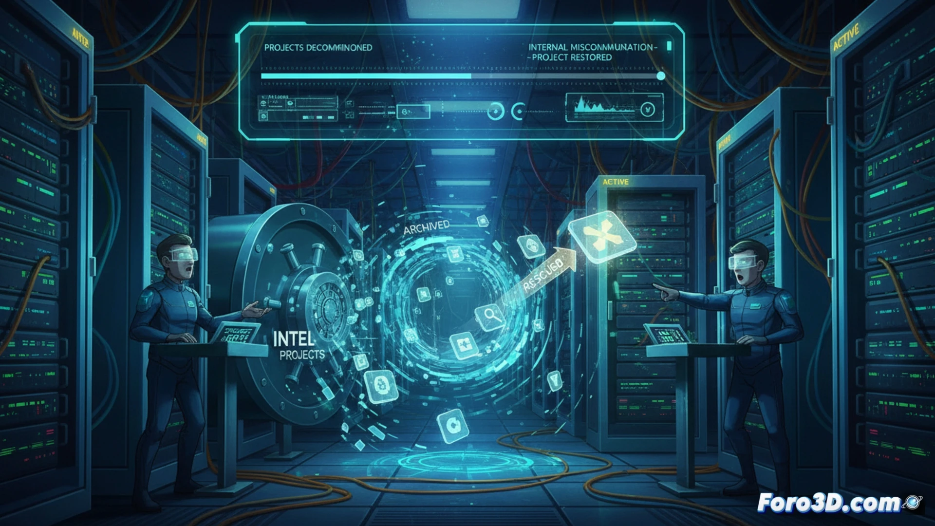 Intel open source project graveyard, server rack with blinking status lights showing red and grey indicators, a software engineer standing confused while a single project folder labeled OBS plugin rises from a digital trash bin, floating code snippets and broken video transcoding pipelines in mid-air, a vulnerability scanner tool fading into dust, photorealistic tech illustration, dramatic blue and amber lighting, glowing holographic file icons, metallic server chassis, motion blur on rising folder, ultra-detailed circuit board textures, cinematic engineering visualization
