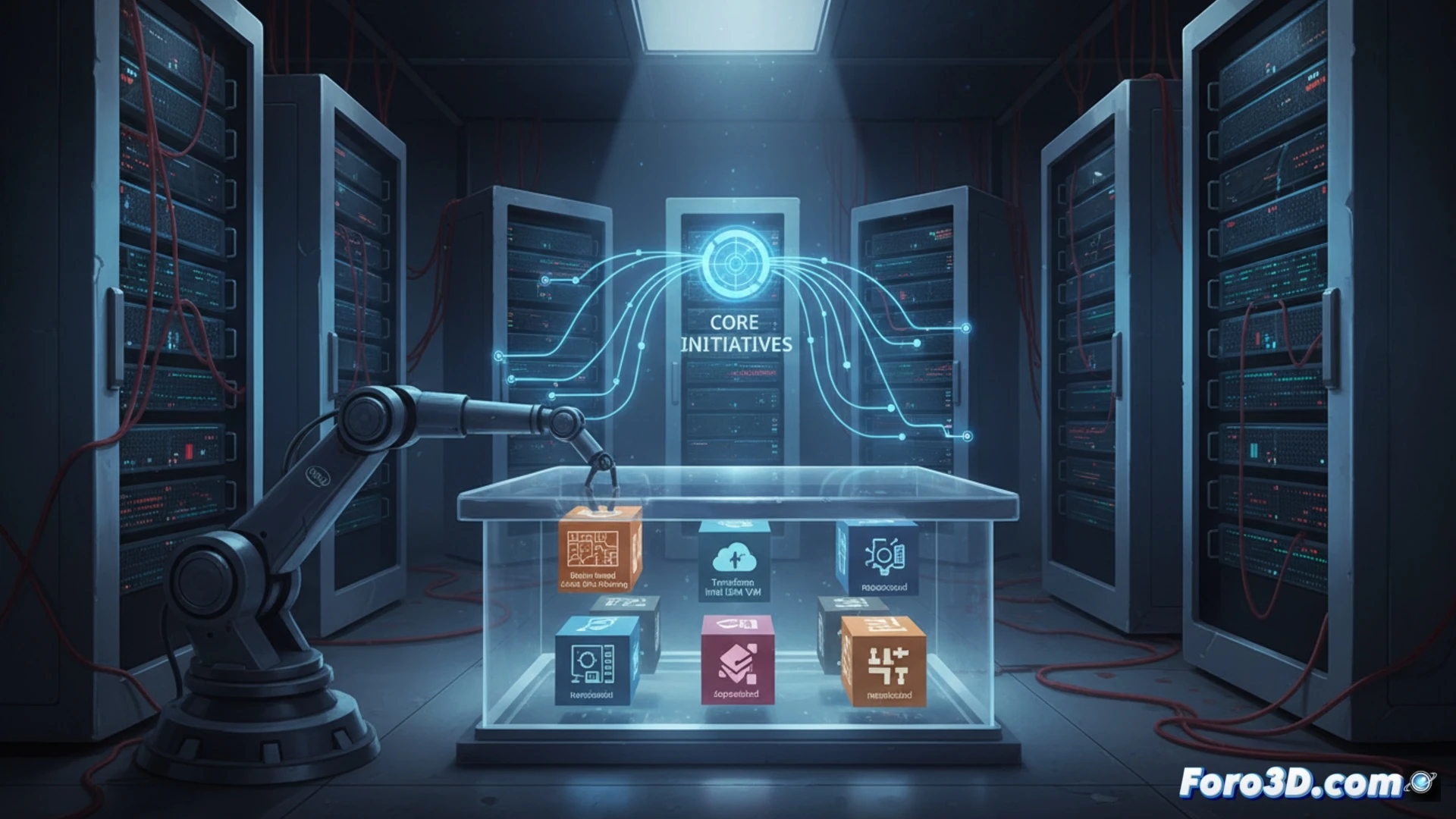 Industrial server room scene showing six empty server racks being disconnected and removed, glowing red archive labels fading on screens, robot arm unplugging LIDAR mapping cables, Terraform code scrolling on a dim monitor, edge software installation disc ejecting, RTOS driver chips being pulled from a motherboard, power sequencer module powering down, technical engineering visualization, cold blue LED lighting, dust particles in motion, abandoned tools on floor, photorealistic data center render, dramatic shadows, ultra-detailed hardware components