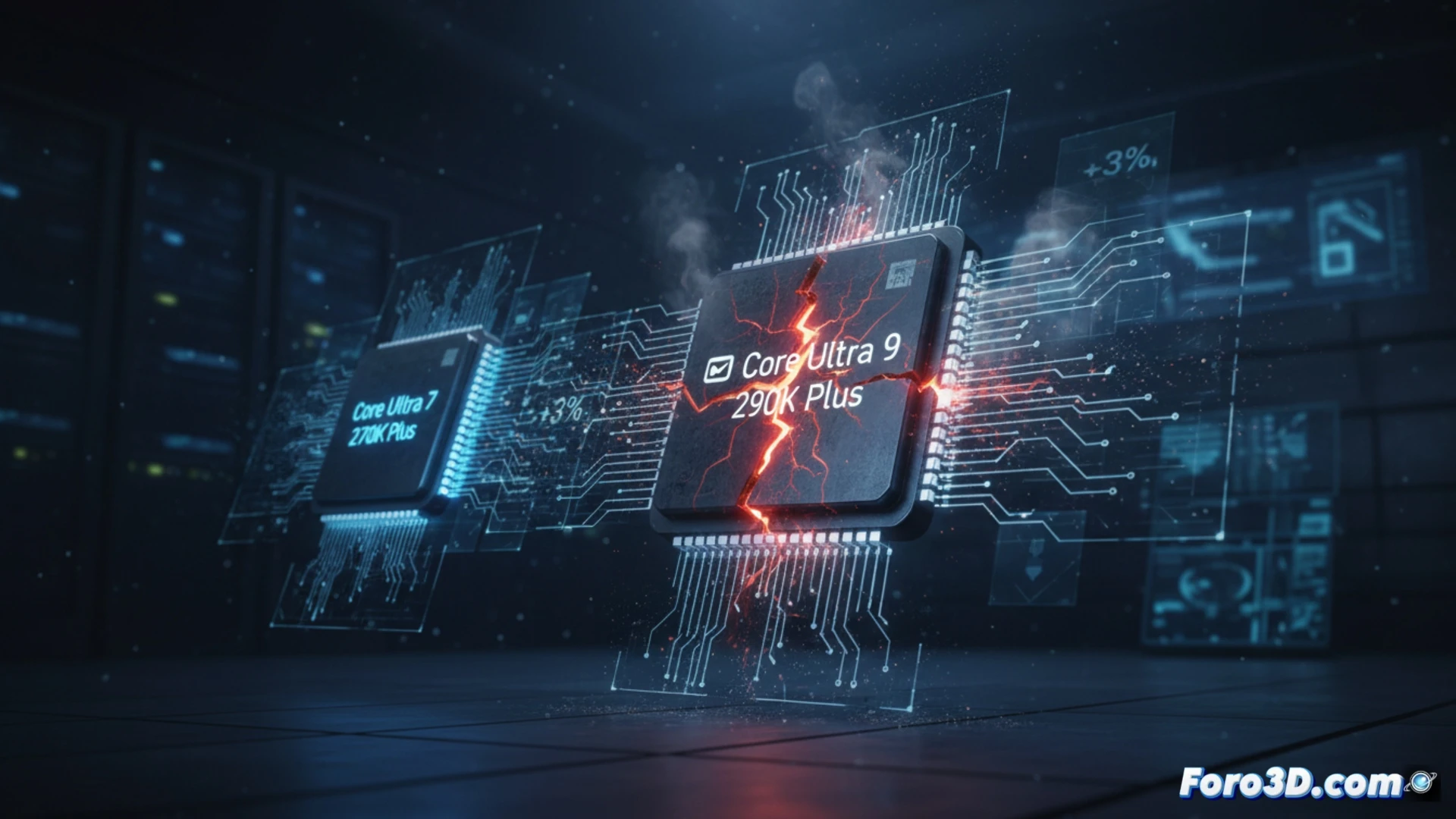 Close-up technical illustration of a CPU die being removed from a test socket, a robotic arm retracting the Core Ultra 9 290K Plus chip while benchmark software screen shows a flat performance graph with a three percent increase, discarded prototype chips piled in a bin labeled cancelled, engineering workstation with oscilloscope and thermal camera, dramatic industrial lighting, cold blue and silver metallic tones, photorealistic engineering visualization