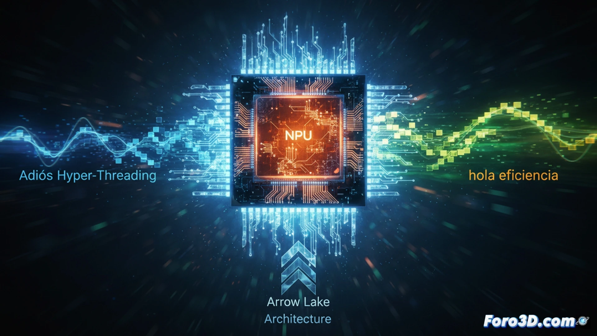 Intel Core Ultra 9 285K processor mounted on a motherboard, glowing NPU unit on the chip surface pulsing with blue light, hyper-threading threads visibly dissolving into energy-efficient single-core streams, AI workload graphs on a nearby monitor showing lower power consumption, heat sink dissipating minimal heat, multimeter displaying reduced wattage, cinematic engineering visualization, photorealistic technical illustration, dramatic dark lighting with blue accents, macro lens focus on the chip architecture, ultra-detailed silicon die patterns visible