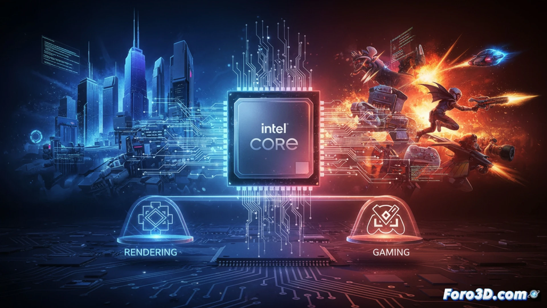 modern CPU die shot with dual core clusters, left side showing eight large P-cores arranged in a grid with glowing orange heat traces, right side showing twelve smaller E-cores packed tightly with blue efficiency indicators, central ring bus connecting both clusters, a gaming controller hovering over the P-core section while a 3D rendering cube rotates over the E-core section, dynamic heat pipes and vapor chamber cooling system partially visible beneath, photorealistic technical illustration, macro lens perspective, semiconductor wafer texture background, dramatic blue-orange contrast lighting, intricate silicon pathways glowing with electric current, cinematic engineering visualization