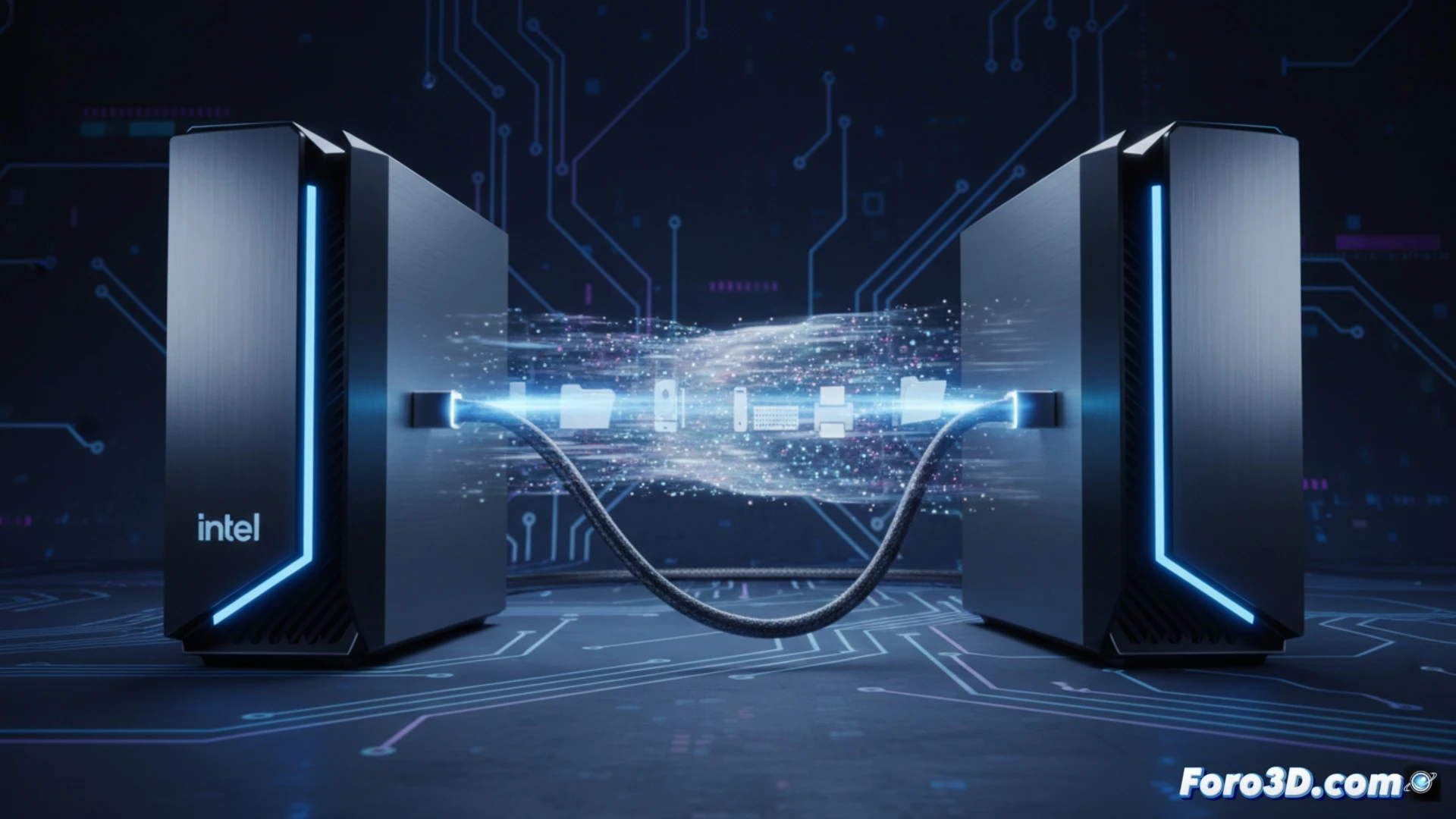 Two laptop computers connected by a single USB4 cable, screen showing file transfer progress between /dev/tbstreamX terminals, glowing data streams flowing directly between ports, bypassing visible network routers and switches, technical illustration style, clean white background, blue and orange data path highlights, precise connector details, metallic USB4 port close-up, minimalist engineering visualization, sharp focus on cable and terminal window, photorealistic hardware render