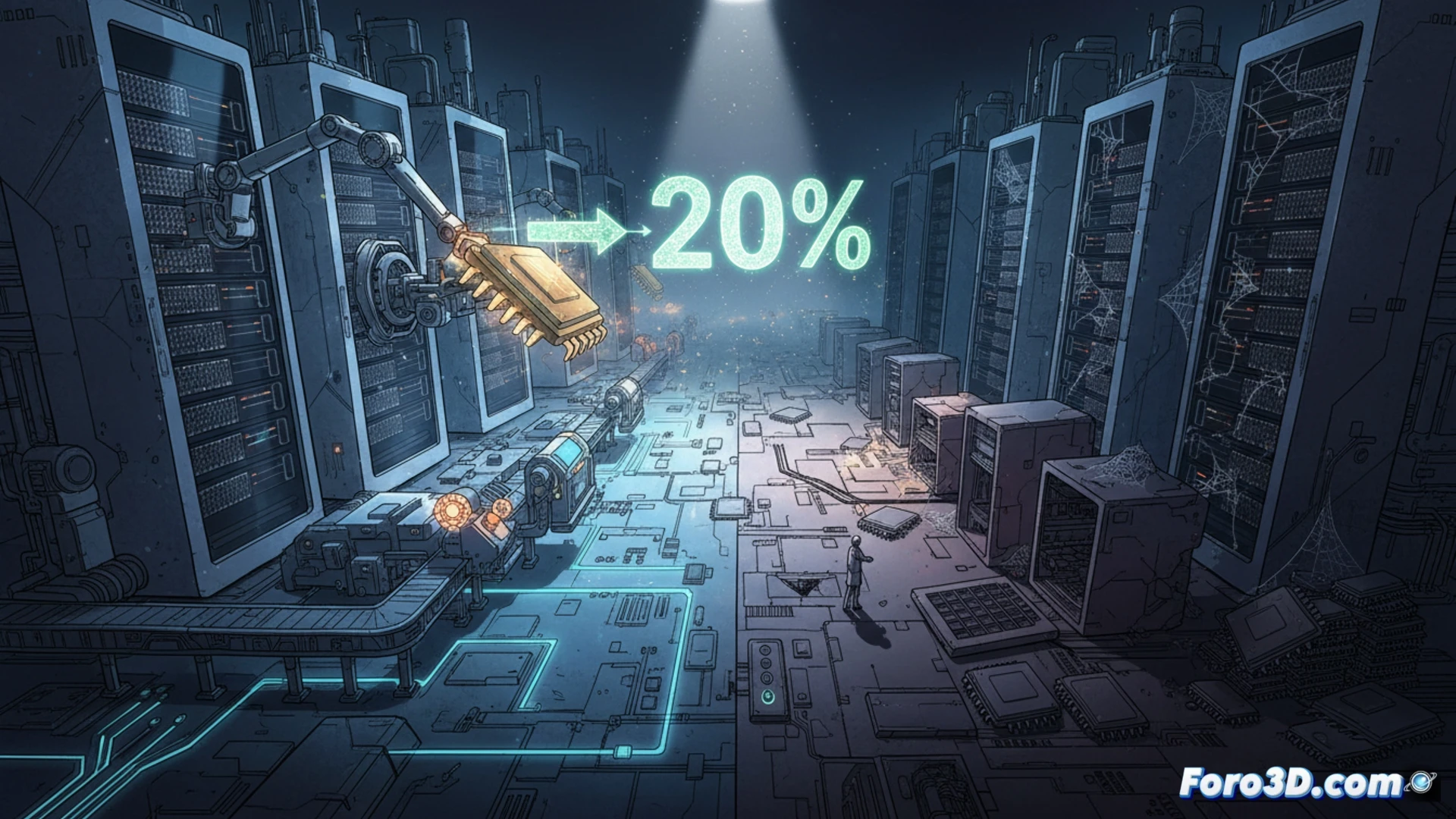 photorealistic technical illustration of a factory production line halting mid-operation, robotic arms idle above empty PC motherboard trays, glowing server racks in background with active assembly, industrial conveyor belt showing diverted chip flow away from desktop CPU sockets, holographic profit margin graphs floating above server section, dim emergency lighting over consumer electronics area, dust particles settling on unused cooling fans, cinematic engineering visualization, ultra-detailed silicon wafer stacks, dramatic contrast between bright server zone and shadowed desktop zone, metallic reflections on idle pick-and-place machines