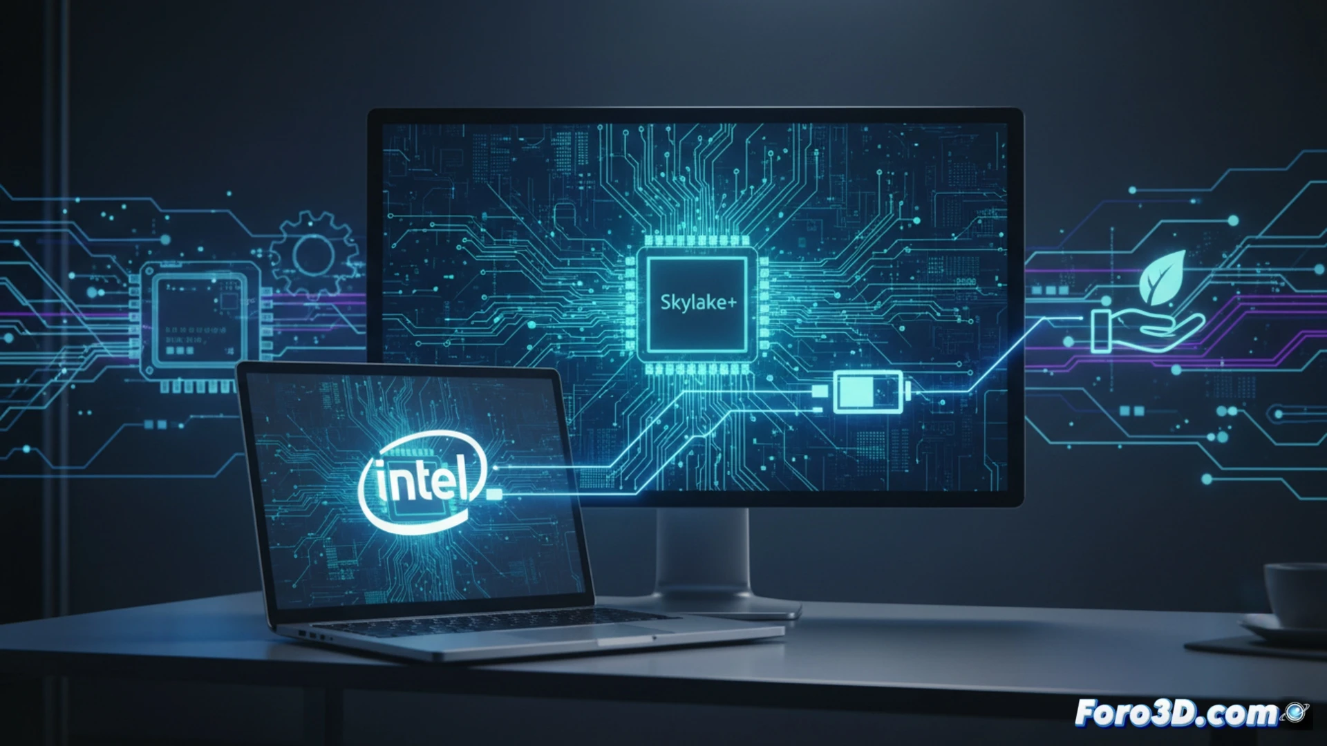 laptop abierta mostrando pantalla de escritorio Linux con fondo de color sólido estático, GPU Intel Skylake integrada con chips de memoria reduciendo consumo energético, gráfico de barras de batería subiendo, diagrama técnico de flujo de datos GPU sin redibujado de píxeles, estilo ilustración técnica fotorrealista, iluminación industrial azul y verde, componentes electrónicos detallados, proceso de ahorro de energía demostrado con líneas de datos minimizadas, escena de ingeniería limpia y precisa