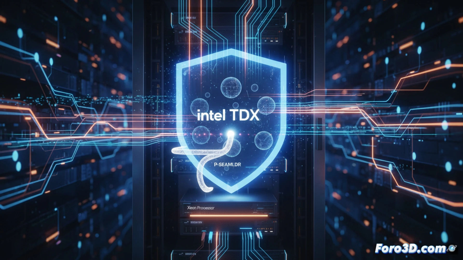 Intel Xeon server motherboard with TDX module glowing blue, hot-swap upgrade in progress, P-SEAMLDR firmware tool interface hovering above, virtual machine isolation layers shown as transparent shields, no reboot required iconography, cinematic technical illustration, photorealistic engineering visualization, motherboard traces lighting up during live update, cooling fins and server chassis visible, dramatic blue and orange lighting, ultra-detailed chip components, macro lens perspective on CPU socket area