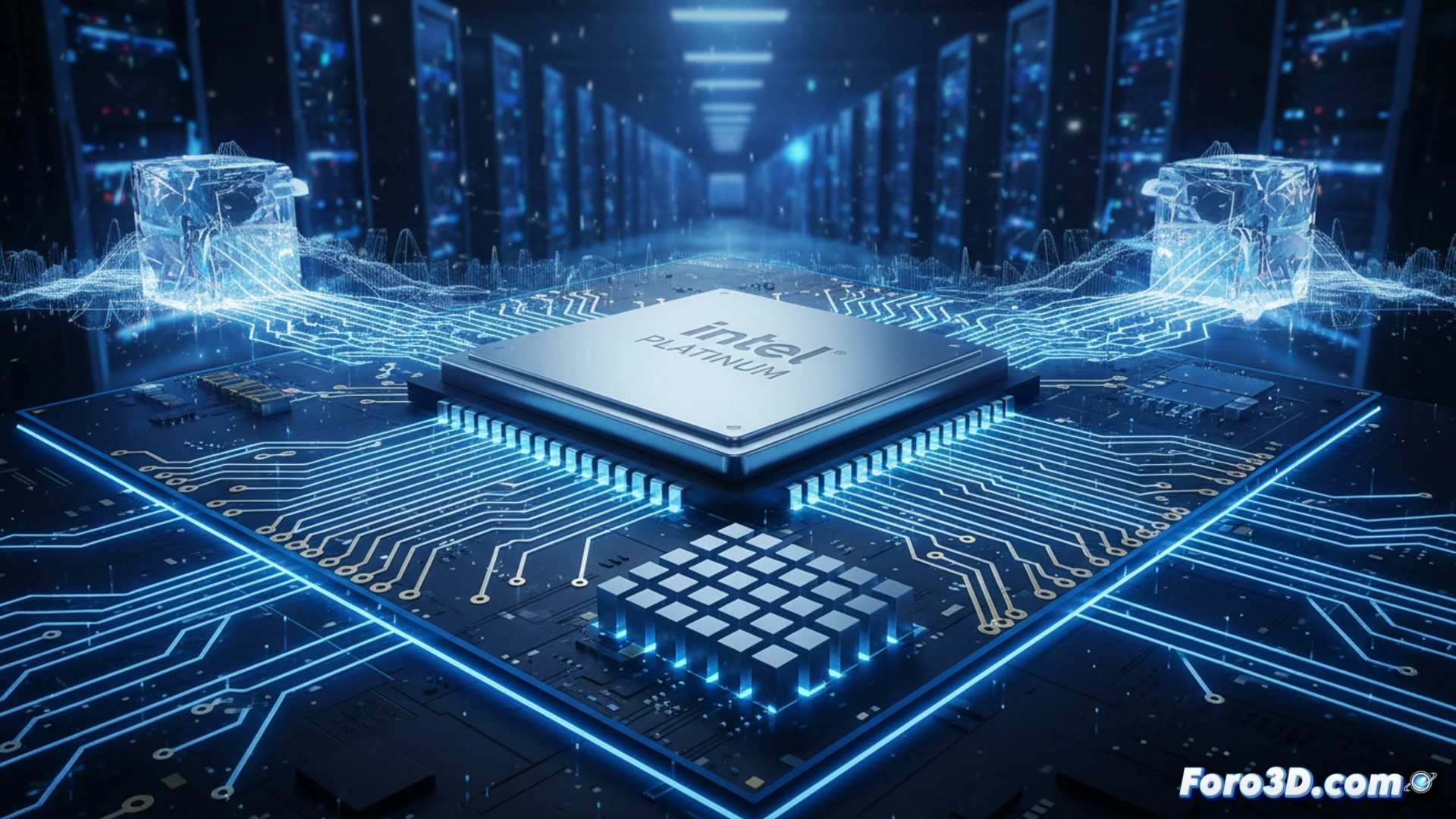 Intel Xeon Platinum 8592+ processor being inserted into a server motherboard socket, dual heat sinks with copper heat pipes glowing under infrared lighting, green circuit board traces lit with data flow patterns, matrix of DDR5 memory modules surrounding the CPU, thermal paste application in progress on one corner, cinematic engineering visualization, metallic reflections on gold contact pins, macro lens focus on socket alignment, dramatic blue and orange industrial lighting, photorealistic technical render