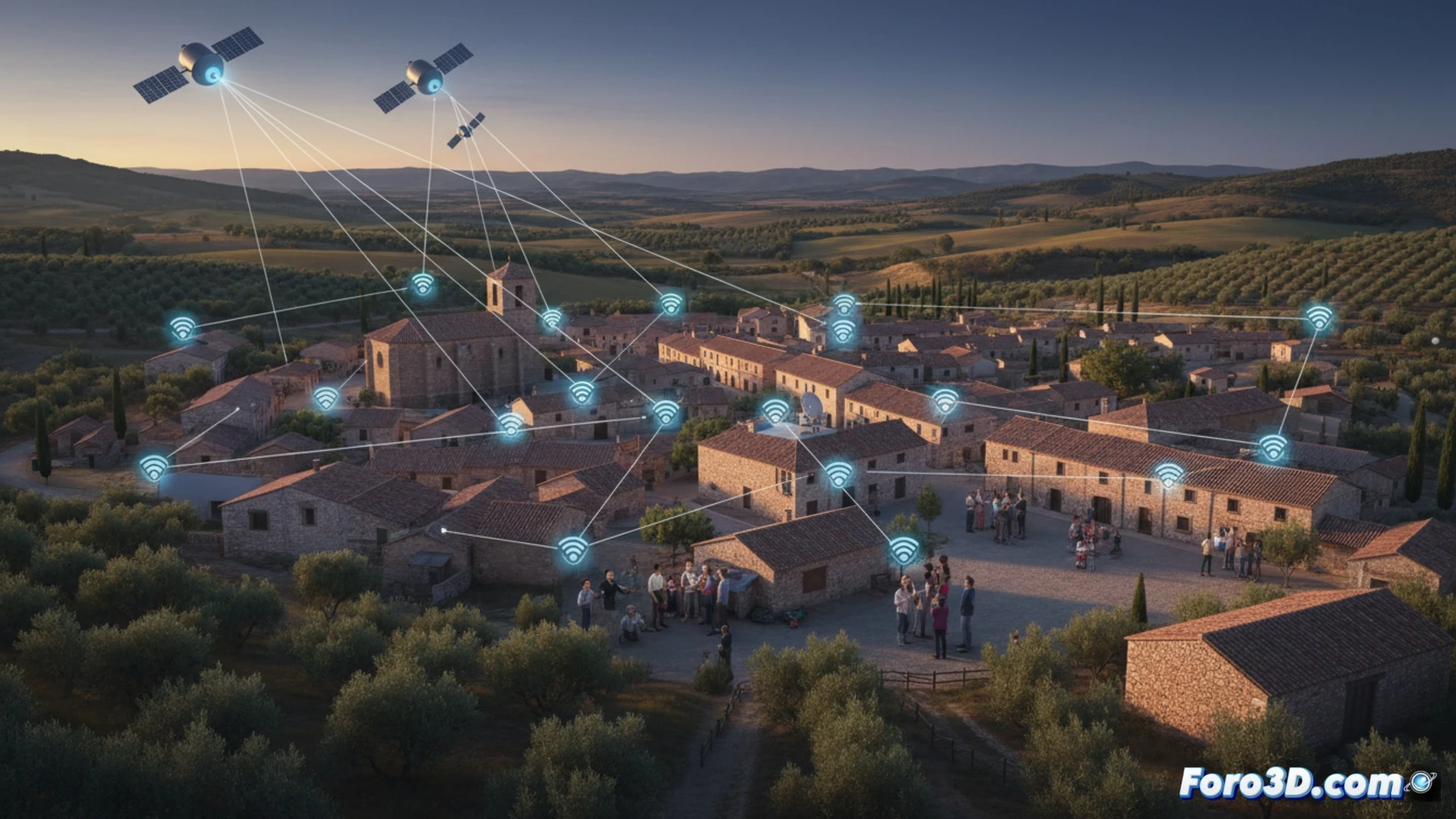 Technical illustration of satellite internet installation in rural Almodóvar, technician adjusting a small satellite dish on a rooftop while pointing at a glowing network map on a tablet, 19 connection points marked as pulsing blue dots across the village, fiber optic cables linking dish to a weatherproof distribution box, distant church tower and whitewashed houses visible, clear sky with satellite icon faintly overhead, photorealistic engineering visualization, dramatic golden hour sunlight casting long shadows, ultra-detailed metal antenna and cable connectors, cinematic depth of field