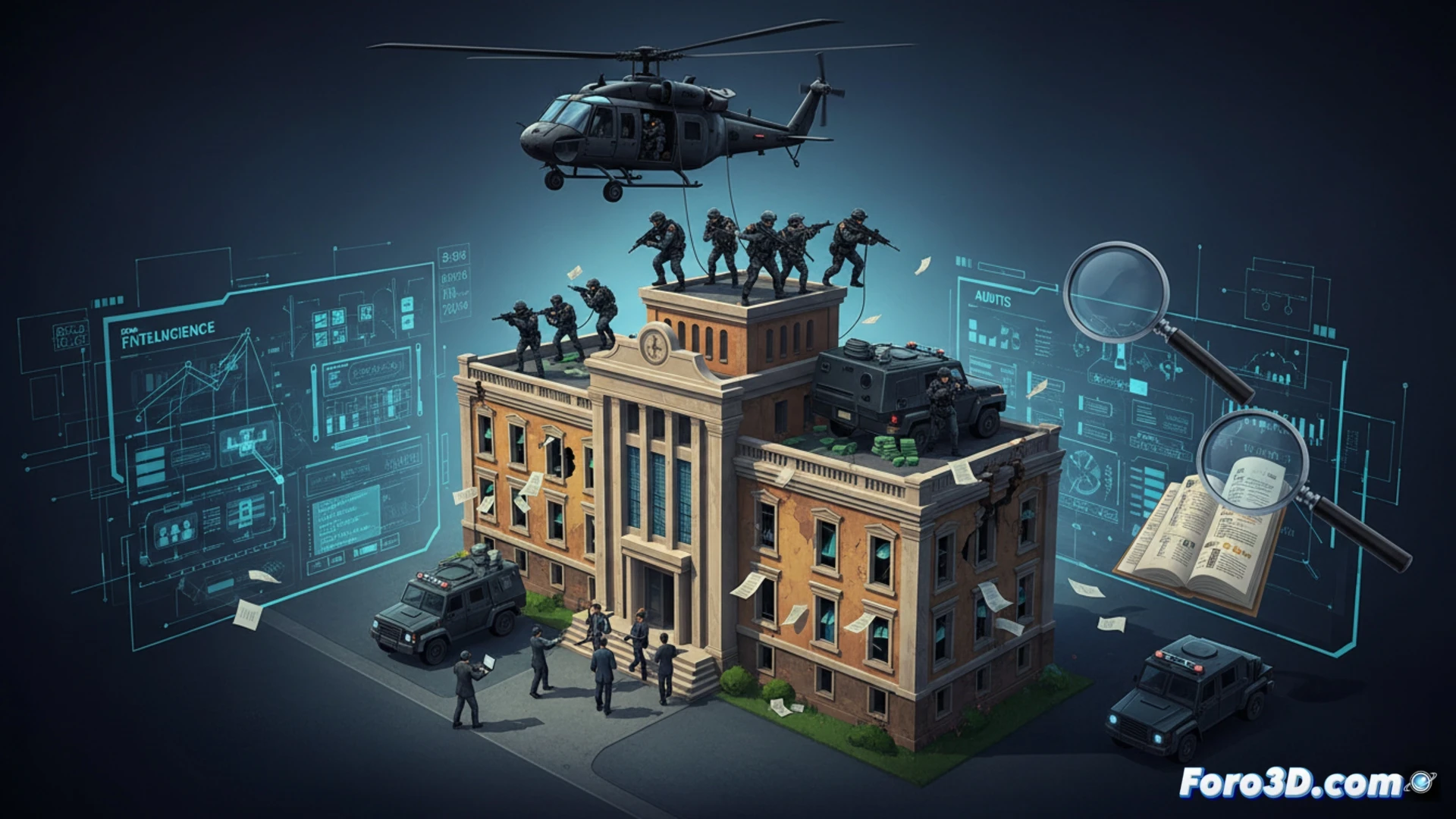 federal police tactical team raiding a municipal office, forensic accountants examining seized ledgers and computers on a conference table, drug money counting machines and seized luxury watches displayed as evidence, overhead shot showing coordinated operation, glowing financial transaction network map on a tablet screen, municipal seal being removed from the wall, dramatic chiaroscuro lighting, smoke from flashbangs, photorealistic cinematic documentation style, hyperdetailed textures of uniforms and paper documents, wide-angle lens perspective showing action in progress