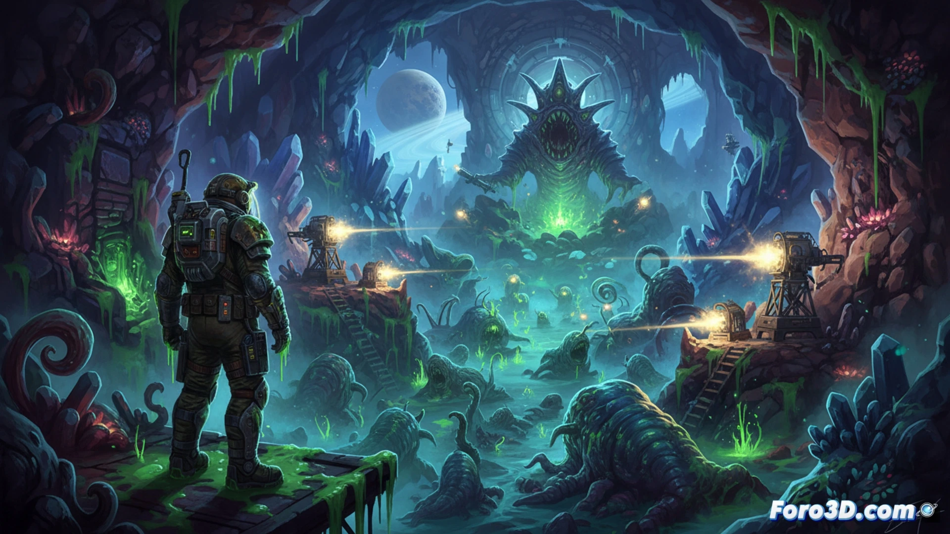 Un minero espacial con casco brillante dispara a babosas viscosas junto a torres de defensa, en una cueva alienígena verde y oscura.