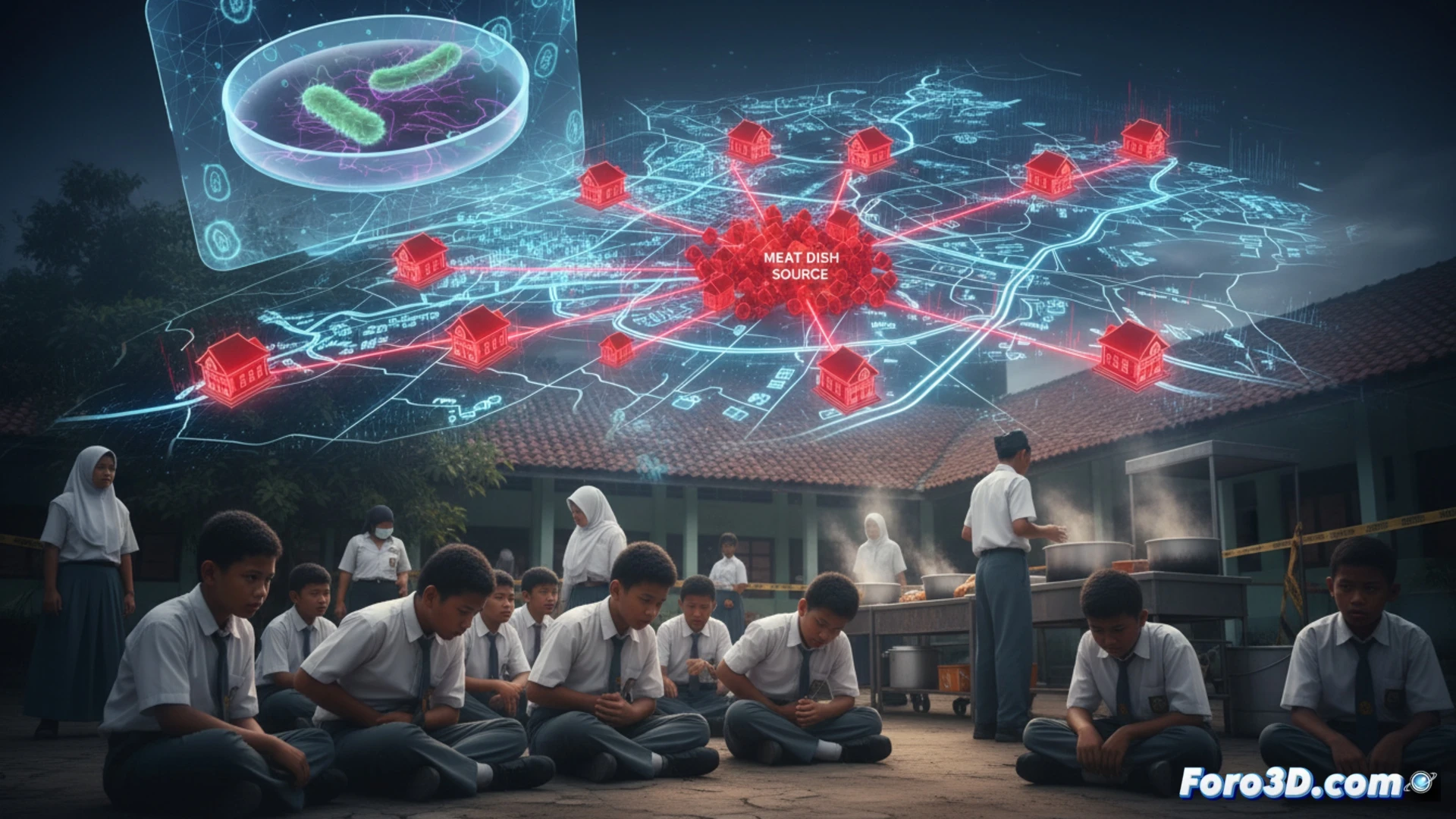 Mapa 3D de brote intoxicación alimentaria escolar en Surabaya, Indonesia, puntos rojos en jardines y escuelas