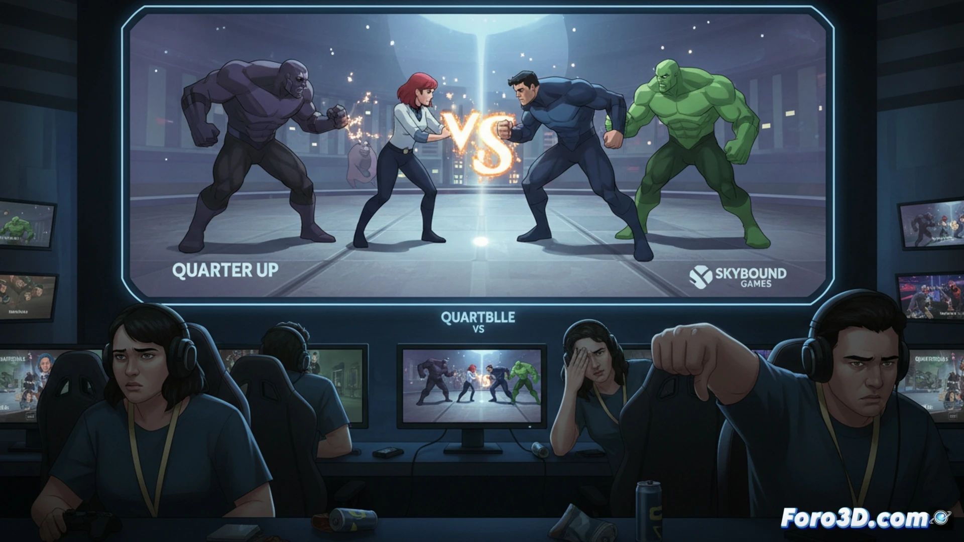 Descripción para imagen (80-120 caracteres): Tres personajes del cómic, como Invincible, Omni-Man y Battle Beast, en pose de lucha sobre un ring vacío, con fondo oscuro y luces tenues de un escenario de eGamescom. La imagen muestra una pelea estática y sin fluidez, reflejando la decepción del artículo.
