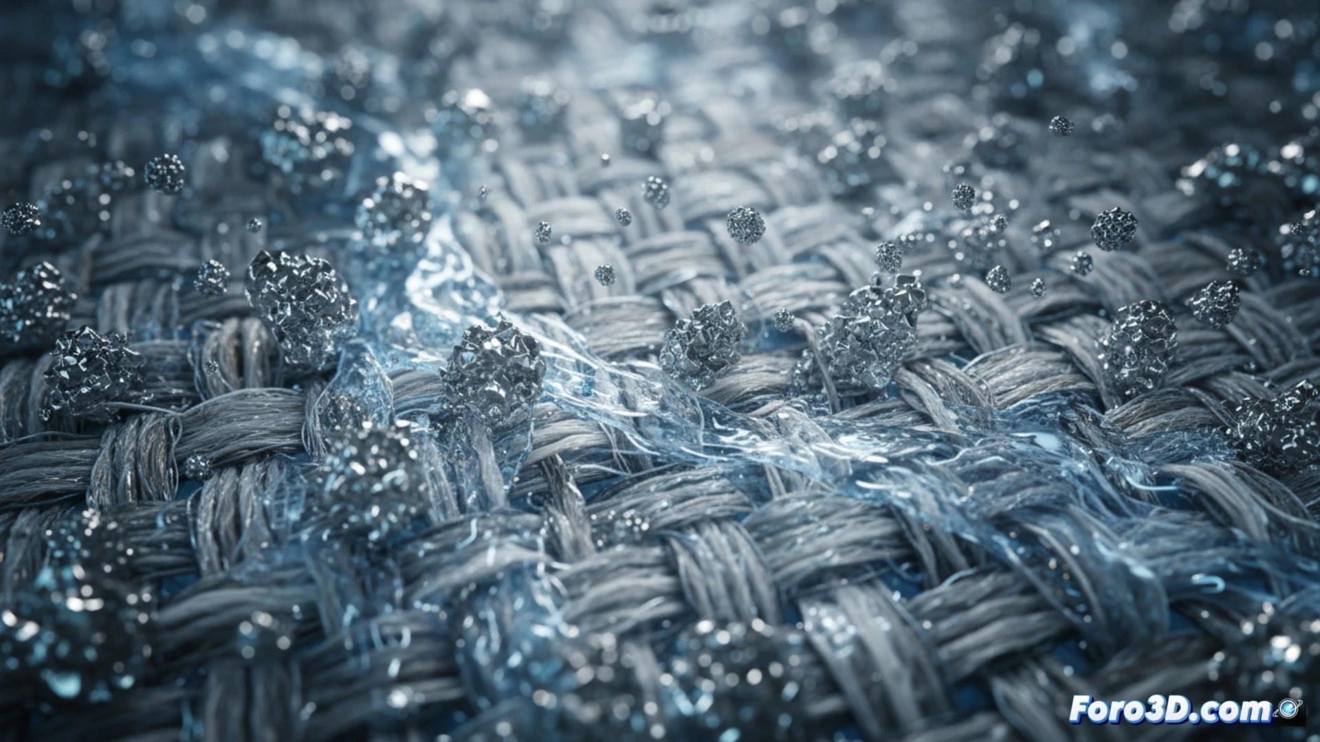 Simulación 3D de recubrimiento de plata desgastándose en tela textil tras múltiples lavados