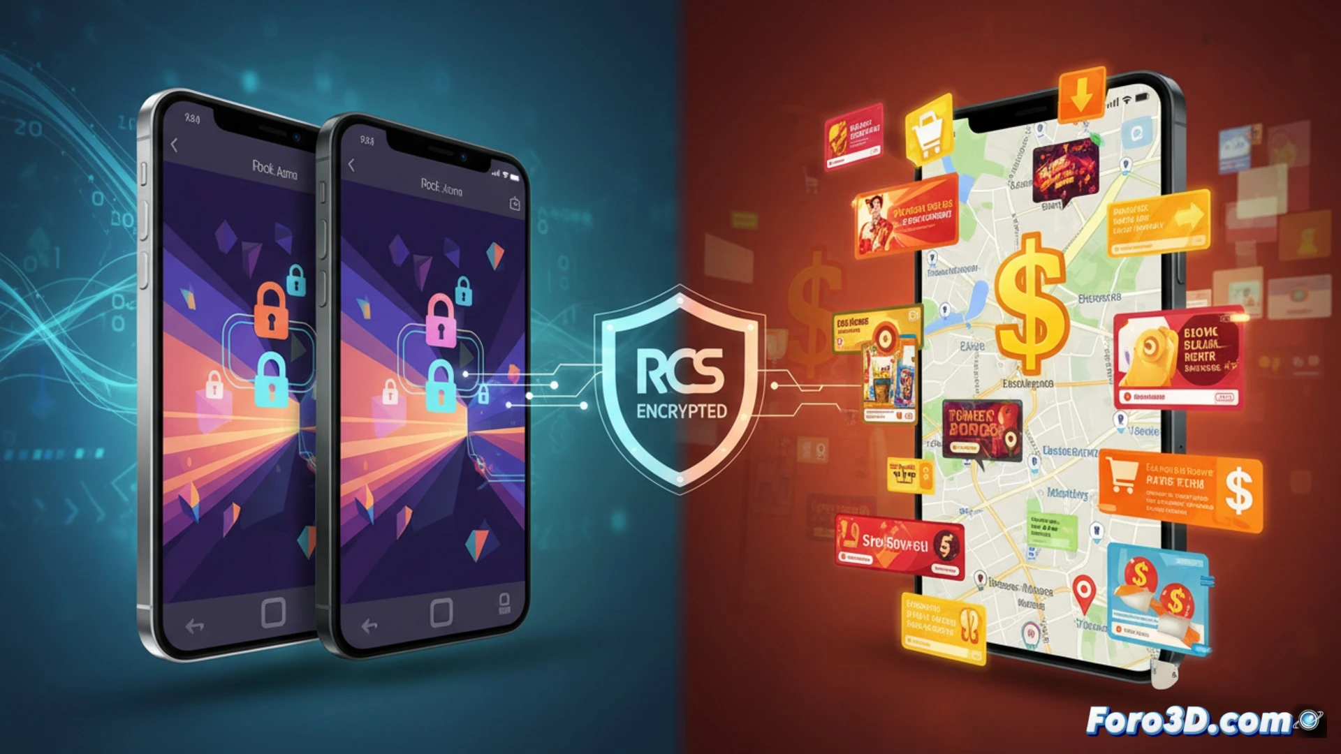 Un iPhone y un Android muestran mensajes RCS cifrados, mientras un mapa con anuncios flota al fondo.