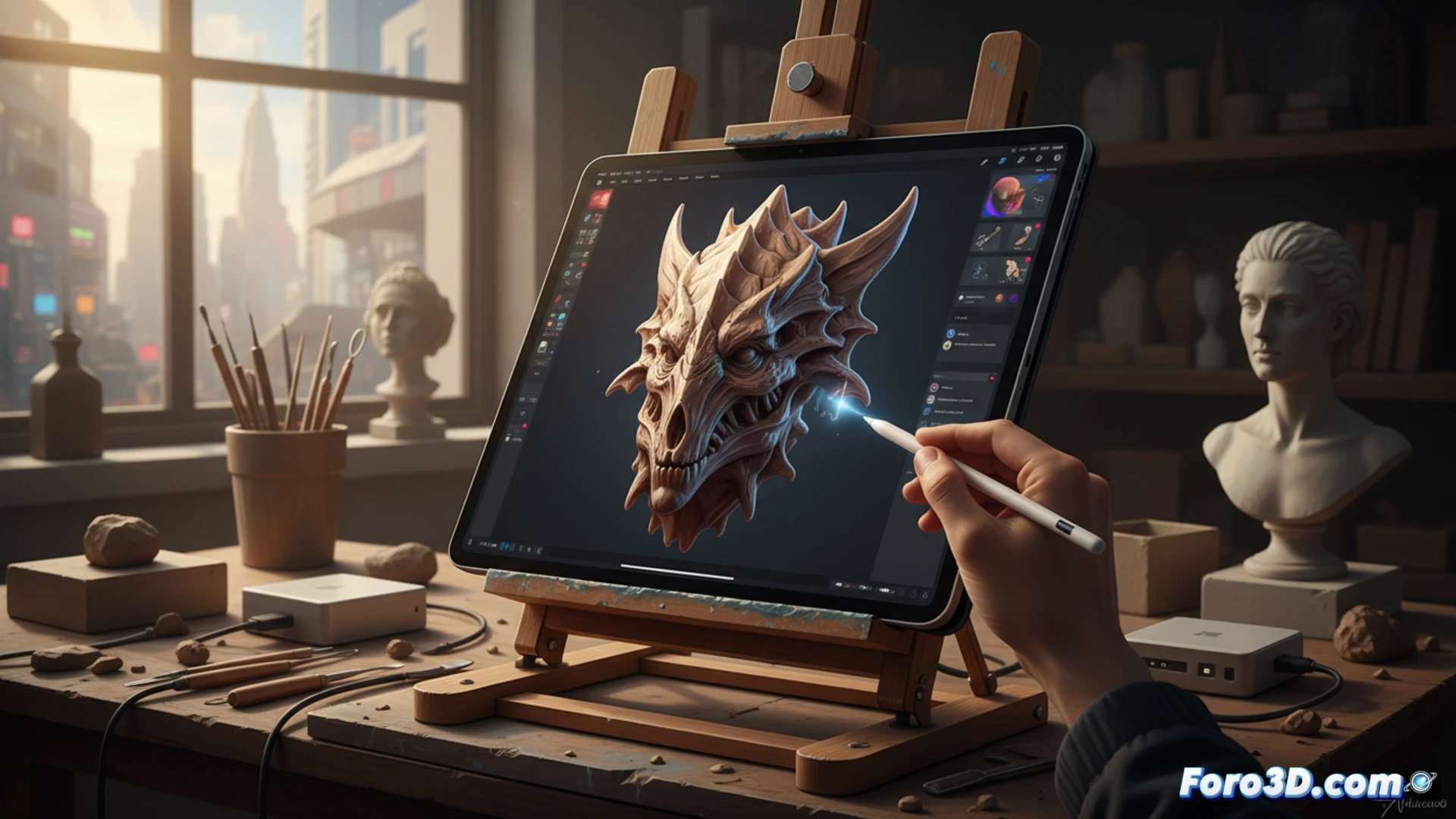 digital sculptor using iPad Pro M4 with Apple Pencil Pro, sculpting a detailed 3D character bust in Nomad Sculpt app, Tandem OLED screen displaying vibrant clay-like textures with real-time brush strokes, M4 chip heat dissipation visible through thin device profile, portable workstation setup on minimalist desk, dramatic side lighting emphasizing screen contrast and metallic chassis, photorealistic product visualization, cinematic depth of field, stylus casting soft shadow on screen surface, technical illustration style with precise edge highlights