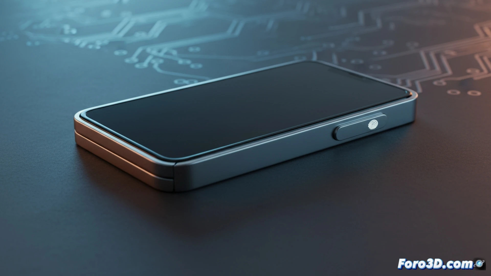 Un iPhone plegable ultradelgado muestra su lateral con botón de encendido integrando Touch ID, sin módulo Face ID visible.
