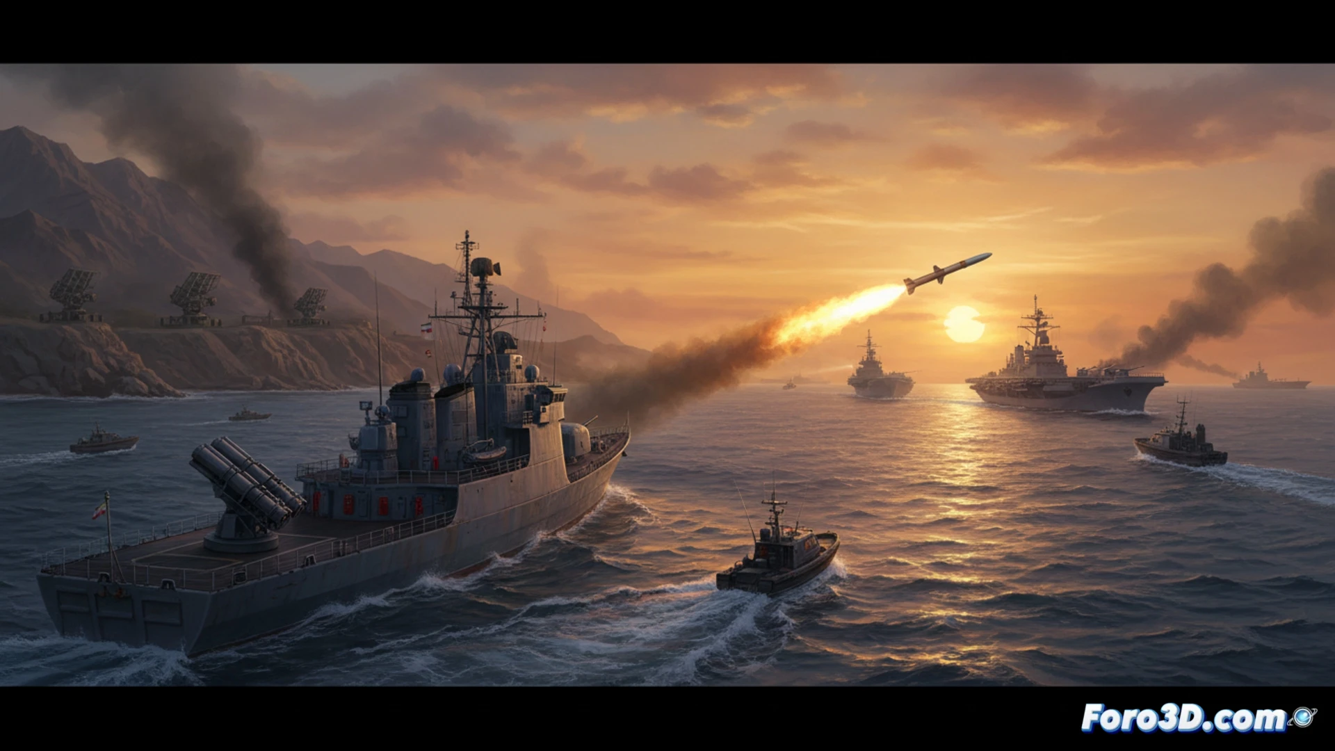 Una imagen que muestre un barco de guerra iraní patrullando el estrecho de Ormuz, con un petrolero de fondo bajo un cielo nublado y tenso. En primer plano, misiles en cubierta simbolizan la amenaza. Al fondo, siluetas de buques extranjeros se acercan, mientras el sol rojo anuncia peligro. La escena transmite confrontación y advertencia militar.