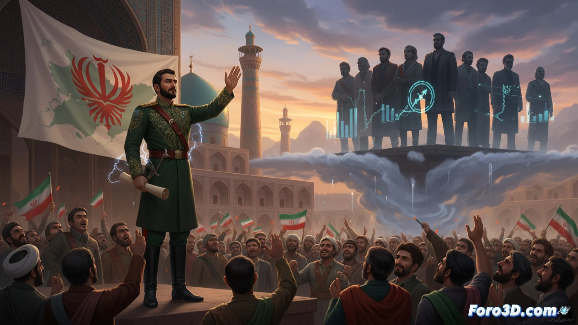 Un líder iraní en podium, bandera al fondo, sonríe firme; mapa de Medio Oriente con dudas globales.