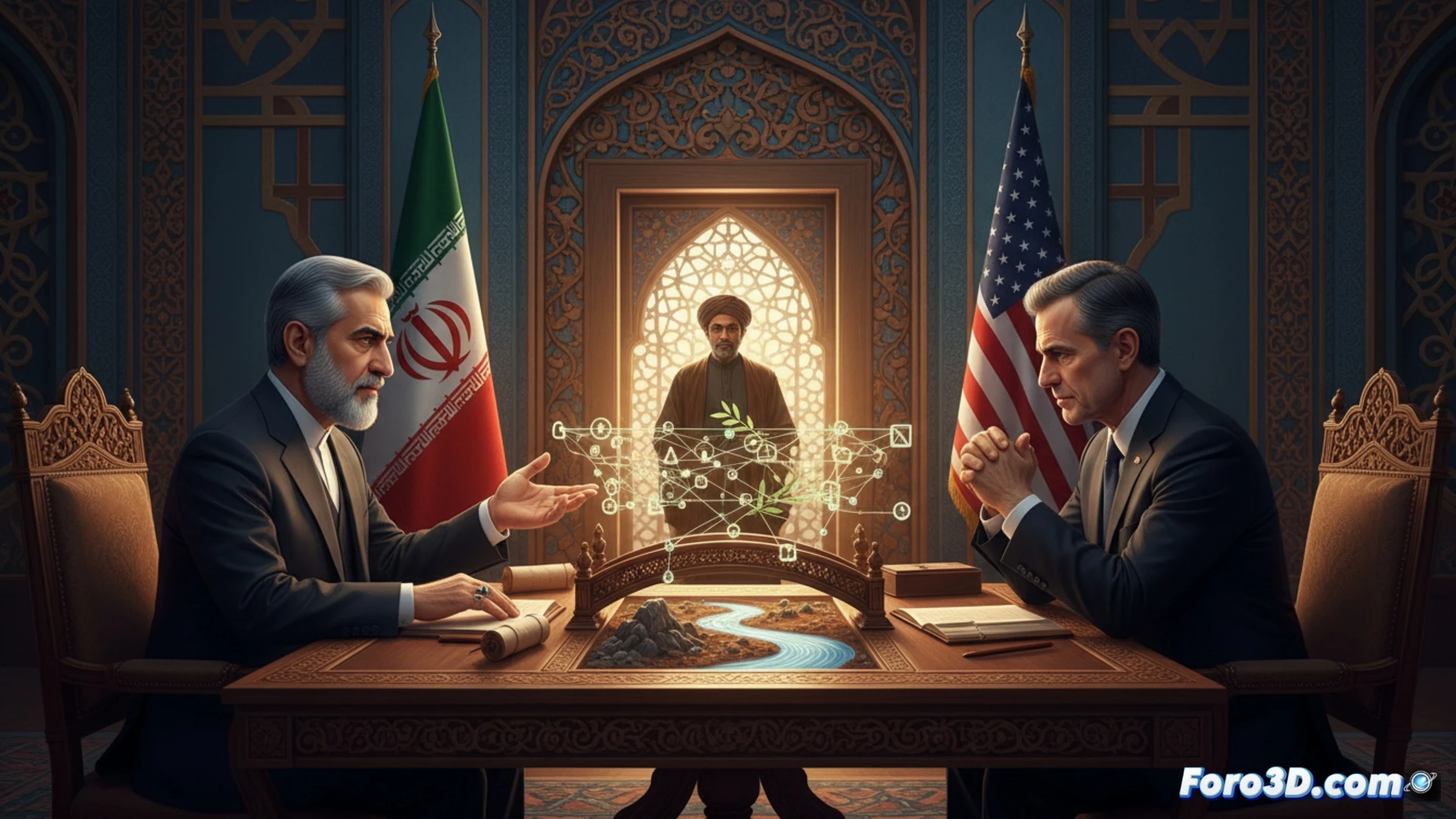 Iranian president Masud Pezeshkian standing at a diplomatic negotiation table, holding an open laptop displaying a secure chat interface with US flag icon, while a Pakistani intermediary passes a sealed document, hands not surrendering but exchanging papers, background shows Tehran skyline through a window, photorealistic political negotiation scene, formal suits, flag of Iran on table, calm but firm posture, cinematic lighting, sharp focus on facial expression of dignity and authority, no text visible, ultra-detailed interior setting
