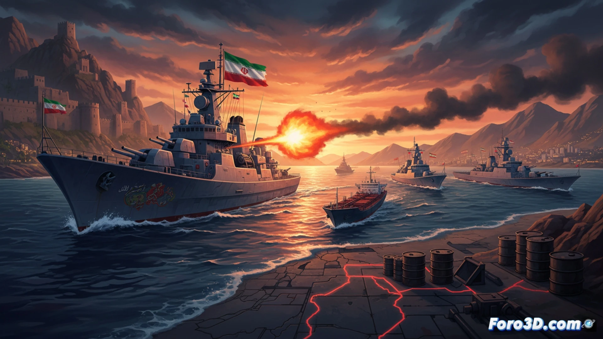 Un barco militar iraní patrulla el estrecho de Ormuz, con petroleros de fondo bajo un cielo tenso y nubes de tormenta.
