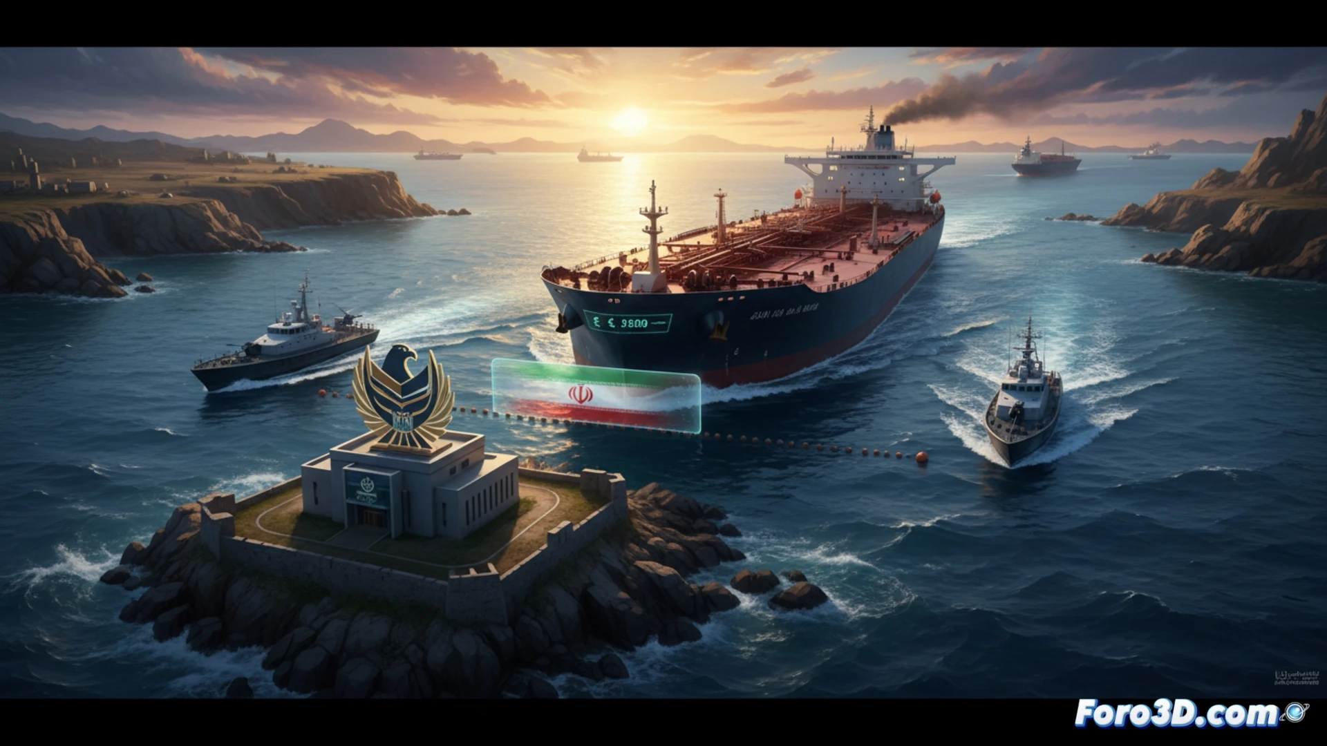 oil tanker navigating through narrow strait with sensor towers on rocky shoreline, radar equipment scanning vessel hull, toll booth structure floating on concrete pontoons, maritime traffic control center with antenna array, Iranian naval patrol boat monitoring passage, cargo ship slowing down near checkpoint, data screens displaying vessel tracking, dramatic sunset lighting over strategic waterway, photorealistic cinematic visualization with technical marine infrastructure, detailed metal surfaces and water reflections, tense geopolitical atmosphere, wide-angle shot emphasizing chokepoint geography