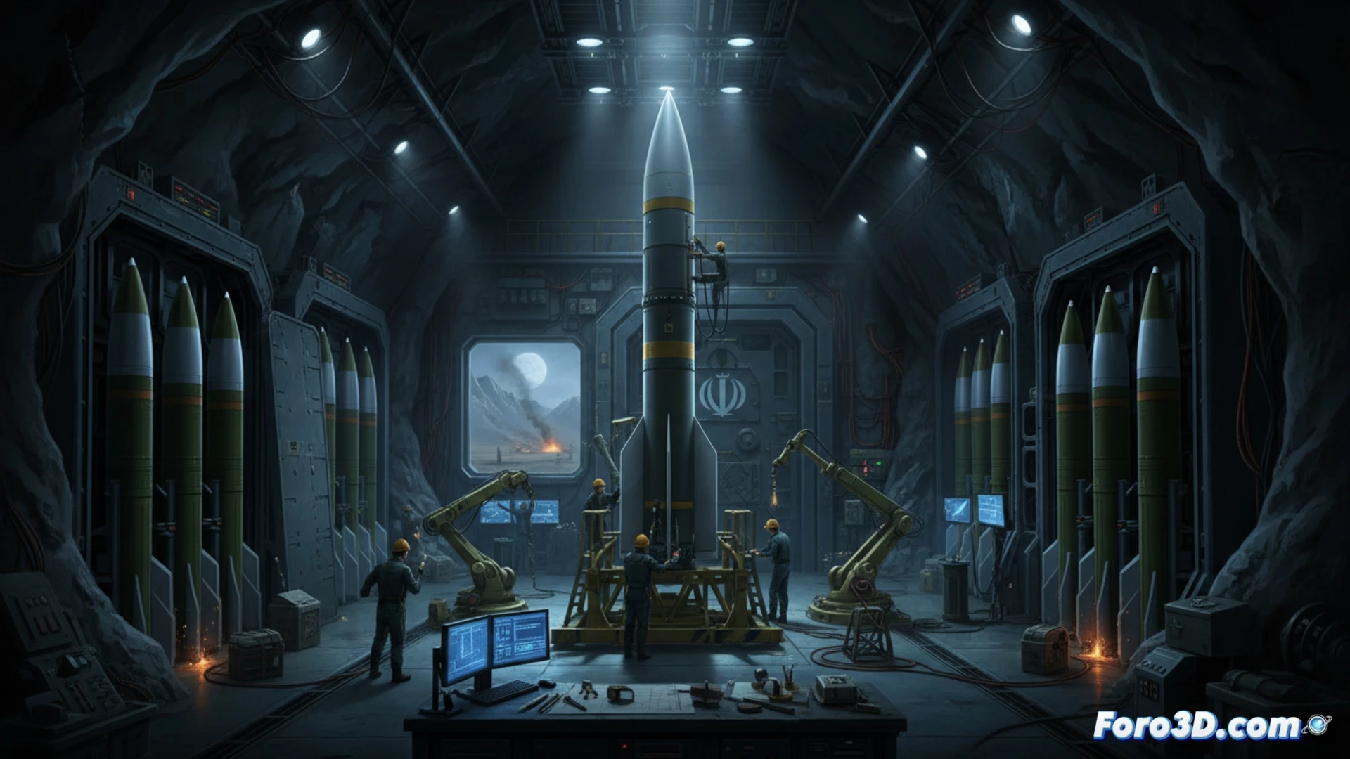 underground missile assembly facility, technicians in protective suits moving rapidly while reassembling a medium-range ballistic missile, partially disassembled launch vehicle with exposed hydraulic systems and guidance electronics, glowing diagnostic screens showing trajectory calculations, reinforced concrete walls with blast marks, overhead crane lifting a missile stage, sparks from welding equipment on a metal framework, dust particles illuminated by harsh industrial lights, hidden bunker entrance with steel doors partially open, photorealistic engineering visualization, dramatic shadows, ultra-detailed mechanical components, cinematic lighting emphasizing resilience and covert reconstruction