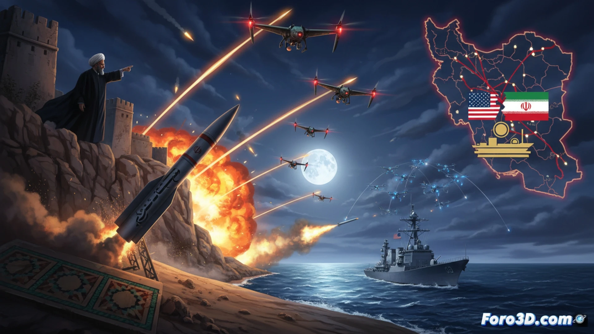 Mojtaba Khamenei delivering a tense televised speech from a fortified bunker, holographic map of Hormozgan Strait glowing behind him, multiple missile launch pads shown in active countdown, US Navy destroyer under drone swarm attack in the Gulf, explosion flashes reflecting off command screens, CENTCOM tactical interface displaying intercepted radar signals, red trajectory lines crossing the Persian Gulf, dramatic cinematic lighting with smoke haze, photorealistic military visualization with high-tech war room atmosphere