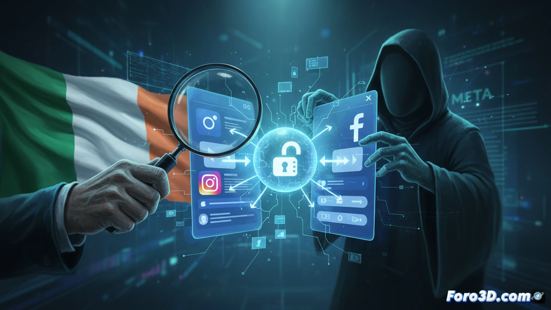 Ilustración de un teléfono con Instagram y Facebook, rodeado de menús enredados y flechas ocultas que fuerzan a compartir datos personales, con un ojo de vigilancia en el fondo.
