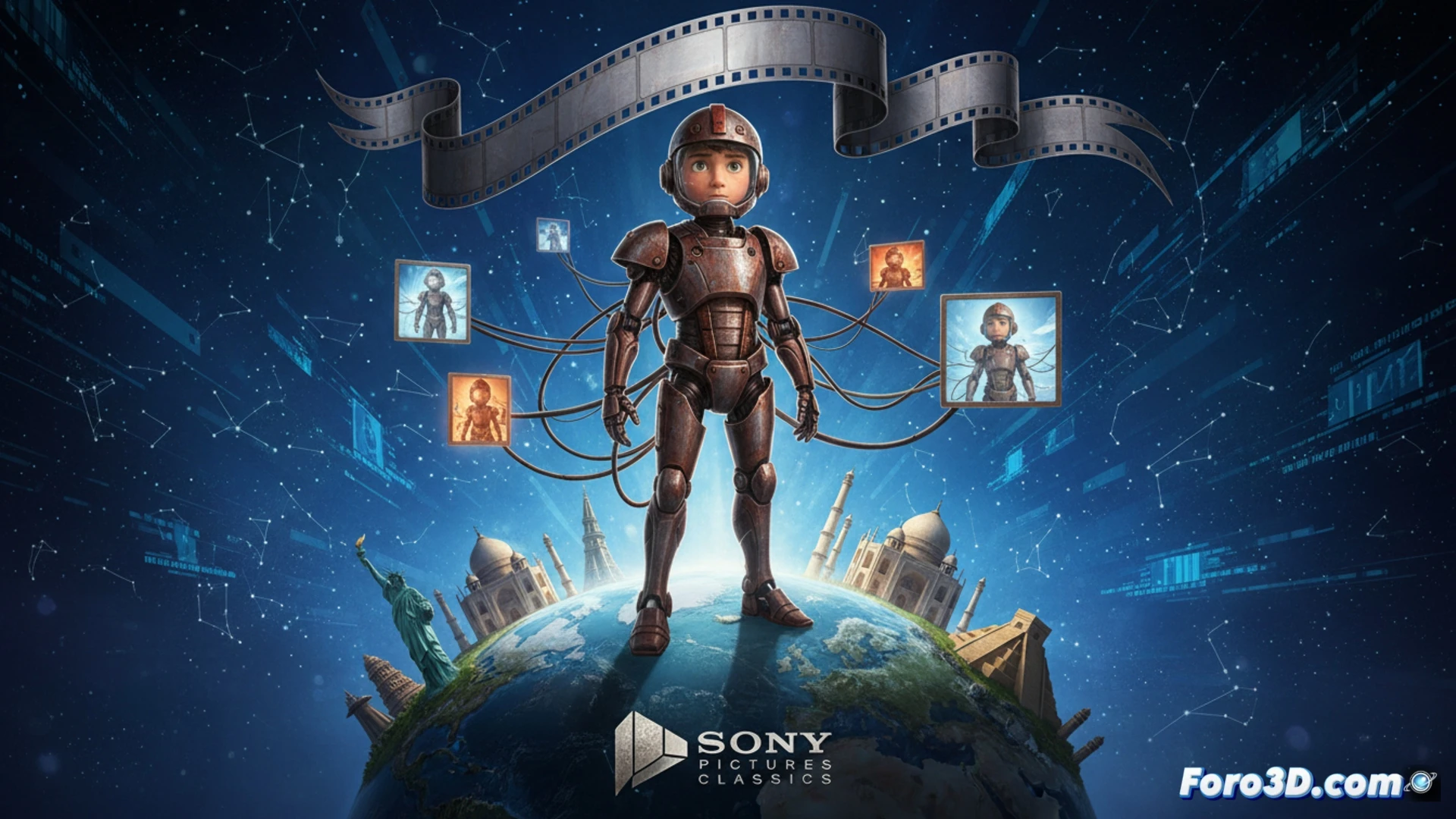 young boy with pale skin wearing an external iron exoskeleton, steel braces and hinges strapped to his torso and legs, standing in a rural French workshop, blacksmith tools and metal parts scattered on a wooden bench, a glowing computer monitor displaying 3D animation software with wireframe character rigging, iron armature being adjusted with a wrench by a mechanic hand, cinematic photorealistic technical illustration, dramatic side lighting casting long shadows, dust particles floating in sunbeams, metallic reflections on polished steel, ultra-detailed mechanical joints and rivets, realistic industrial atmosphere
