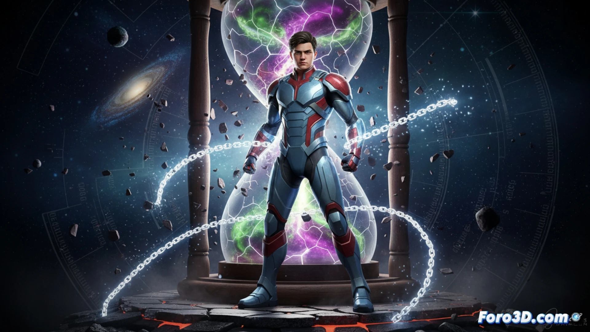 Modelado 3D de Iron Lad, adolescente con armadura metálica azul y roja, actitud desafiante