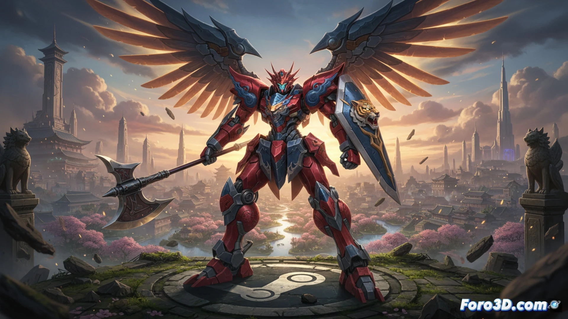 customizable mecha robot mid-flight transformation sequence, glowing blue energy lines along articulated joints, metallic armor plates shifting during aerial combat mode switch, particle effects trailing from thrusters, ancient Korean and Chinese mythological symbols etched on shoulder pauldrons, ruined temple landscape below with floating stone fragments, dramatic sunset lighting casting long shadows, cinematic action shot showing cockpit HUD interface with targeting reticles, mechanical gears visible through transparent armor sections, debris particles from destroyed drones scattering around, photorealistic engineering visualization, high contrast lighting emphasizing metallic textures and battle damage