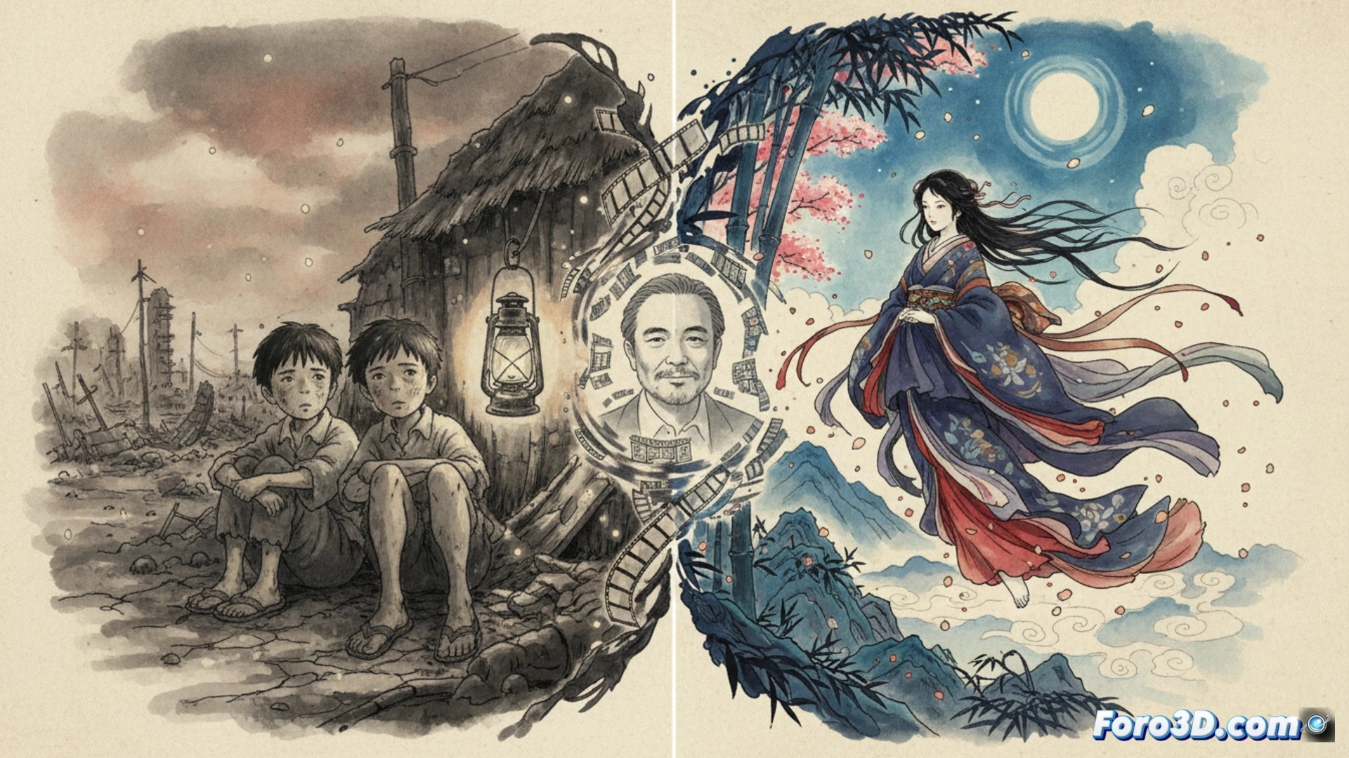 Isao Takahata en primer plano, con fondo difuso de escenas de La tumba de las luciérnagas y El cuento de la princesa Kaguya, simbolizando su realismo social frente al anime comercial.