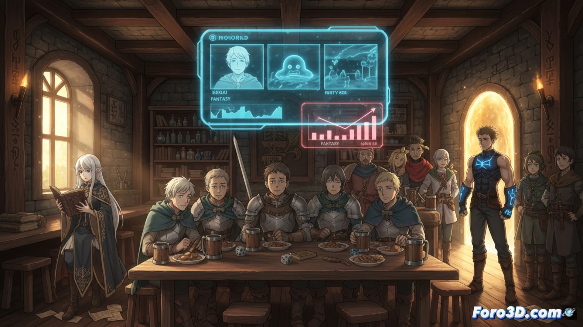 medieval fantasy tavern interior, wooden floorboards cracking under the weight of a glowing portal circle, armored hero stepping through with a bewildered expression, bartender wiping a glass while ignoring the event, other patrons in background playing cards and drinking ale, neon-blue magical energy leaking from the portal, dust particles suspended in beam of light from a grimy window, cinematic lighting with warm candlelight contrasting cold portal glow, technical illustration style showing portal mechanics with transparent energy conduits and rune circuits, photorealistic render, hyper-detailed wood grain and metal armor textures, dramatic shadows emphasizing stagnation and routine