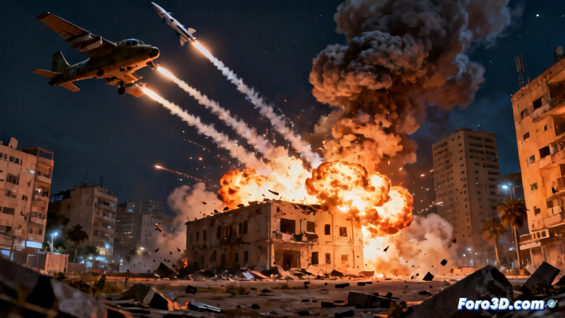 Descripción (80-120 caracteres):
Imagen nocturna de Beirut con humo y destellos de explosión; edificios dañados y tensión militar en primer plano urbano.