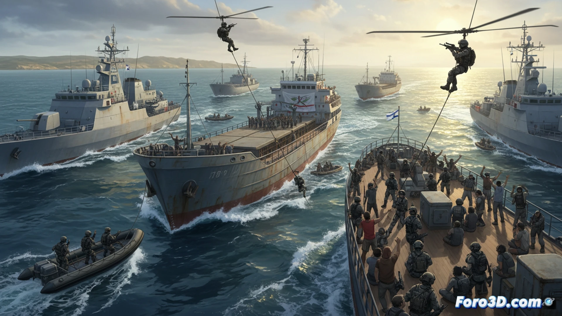 Israeli naval vessel intercepting a small civilian flotilla in open sea near Cyprus, soldiers boarding a white boat with humanitarian flags, activists raising hands in protest, Mediterranean blue water, multiple small boats clustered around a larger navy ship, dramatic morning light, foam trails from fast-moving vessels, security forces in tactical gear, photorealistic documentary style, cinematic wide-angle shot, high contrast maritime lighting, realistic ocean waves, technical maritime operation visualization