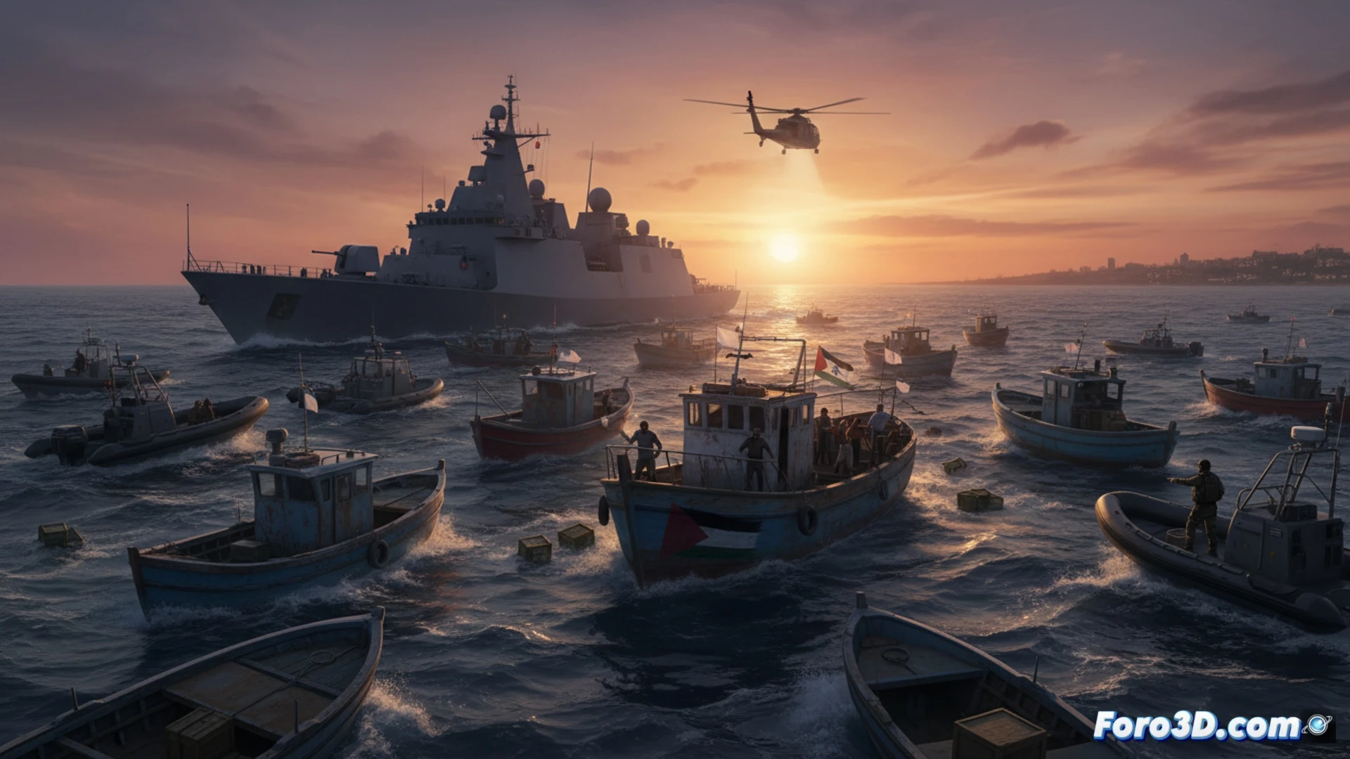naval interception scene in Mediterranean Sea, Israeli military speedboat approaching a small civilian vessel named Sumud, turbulent blue waves splashing against hulls, metal railing and communication antenna on deck, GPS navigation screen visible through cabin window, binoculars and radio equipment in foreground, dramatic overcast sky with storm clouds, cinematic photorealistic style, high contrast lighting, water spray particles in air, tension-filled action moment, ultra-detailed maritime hardware, technical illustration of naval blockade enforcement