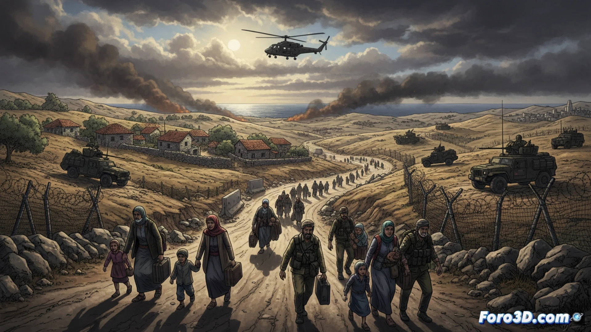 southern Lebanese village evacuation scene, military drone hovering over white stone houses near coastal city of Tyre, civilians walking on dusty road carrying belongings, smoke rising from distant hills, IDF armored vehicles positioned at border checkpoint, red evacuation warning signs on concrete walls, Mediterranean Sea visible in background, cinematic photorealistic style, dramatic sunset lighting, dust particles in air, tense atmosphere, wide-angle lens perspective, ultra-detailed terrain with olive trees and rocky hills