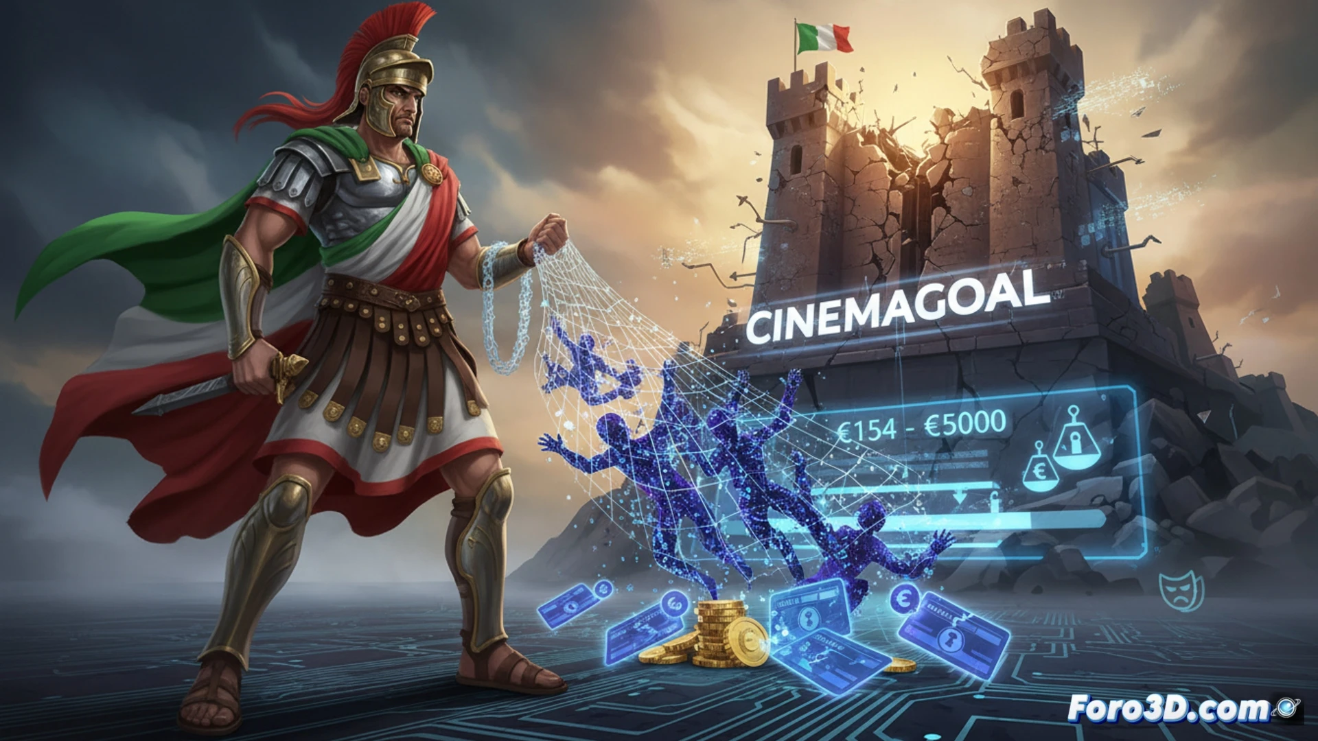 Italian digital police raid scene, forensic agents examining seized IPTV streaming servers in a dim data center, glowing circuit boards with cracked encryption chips, confiscated cryptocurrency mining rigs in background, laptop screen showing traced user IP addresses and payment logs, handcuffs on a rack of pirated sports streaming hardware, cinematic technical illustration style, dramatic blue and red emergency lighting, photorealistic engineering visualization, cables tangled under server racks, shadowy figures in bulletproof vests monitoring network traffic on monitors