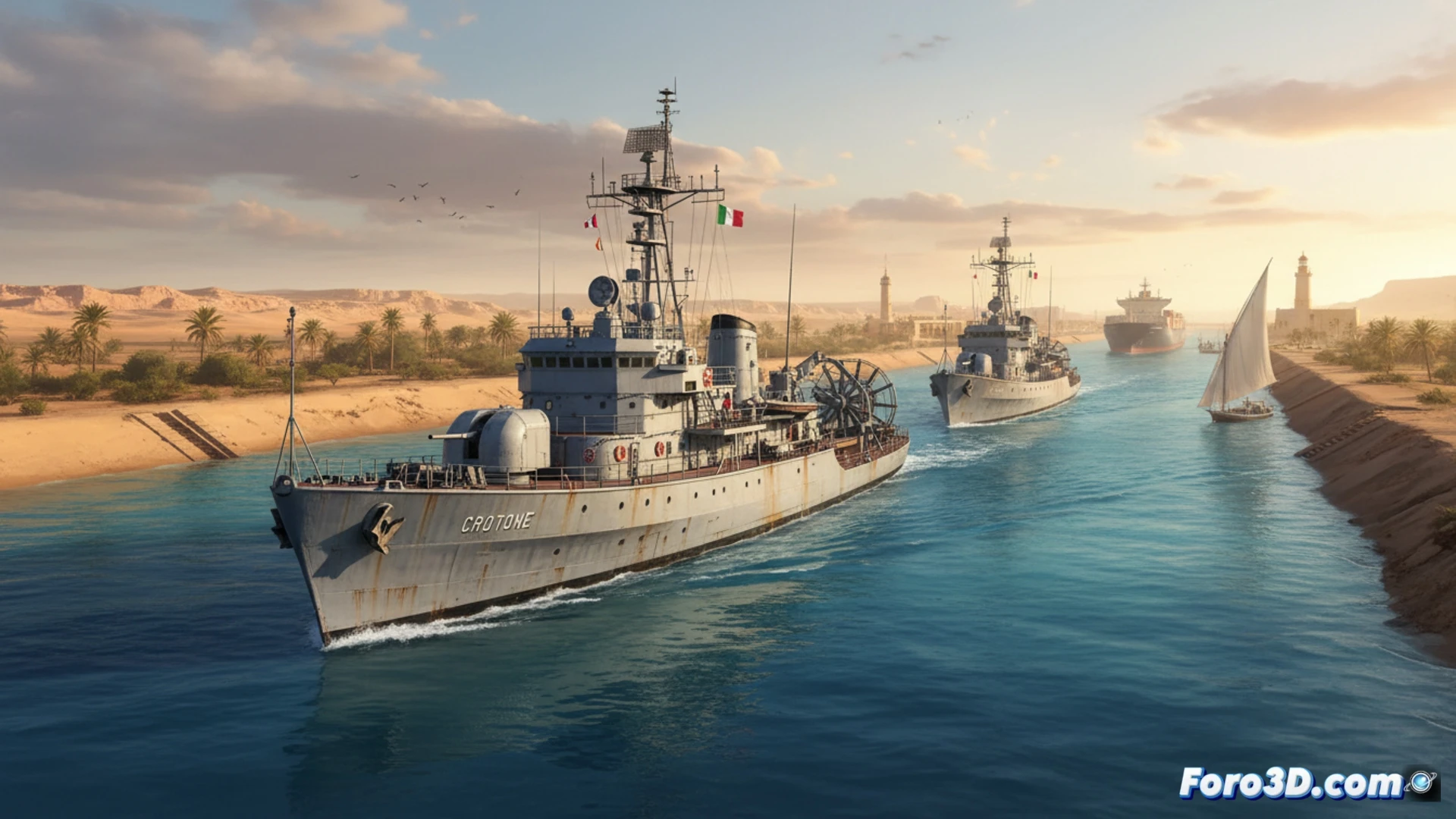 two Italian minehunters, Crotone and Rimini, departing from Augusta port at dawn, naval vessels cutting through calm Mediterranean waters, bow waves splashing against metallic hulls, deck crew in orange vests securing mine-detecting sonar equipment, radar mast rotating slowly, industrial harbor cranes visible in background, photorealistic cinematic maritime scene, dramatic golden sunrise lighting, detailed naval engineering, realistic sea spray and wake turbulence, wide-angle composition showing both ships in formation