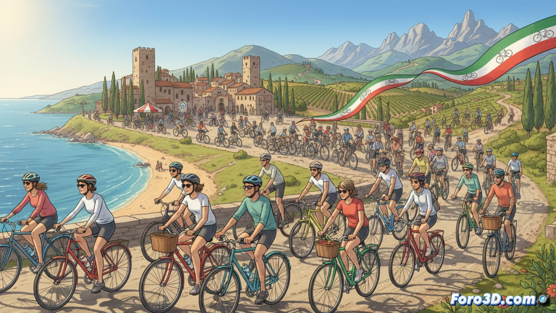 Ciclistas italianos pedalean junto al mar al atardecer, con bicis propias y alquiladas, reflejando el auge veraniego sobre dos ruedas.