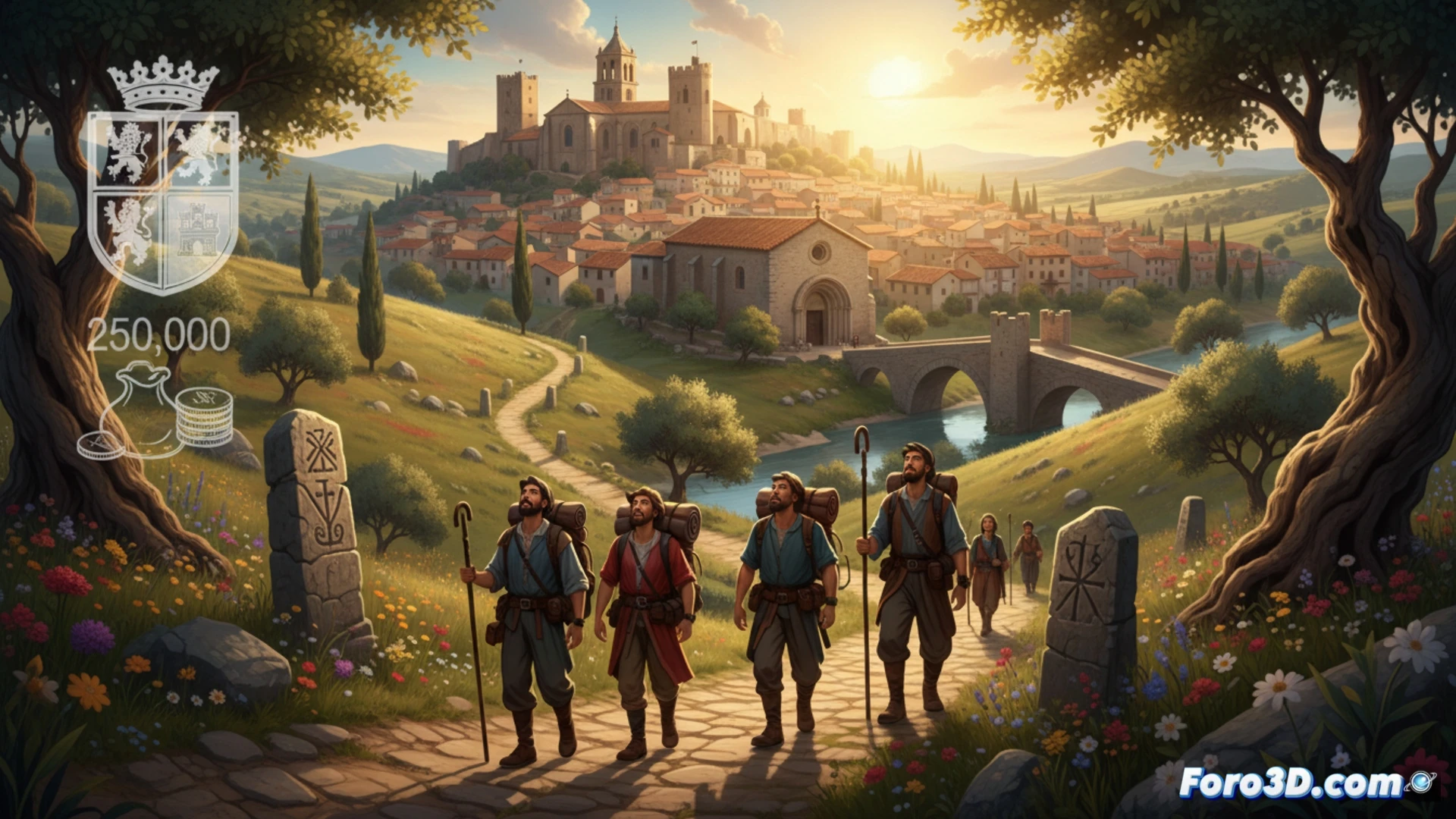 Descripción: Vista aérea de Almodóvar del Campo con rutas señalizadas, edificios religiosos rehabilitados y turistas recorriendo el itinerario jubilar.