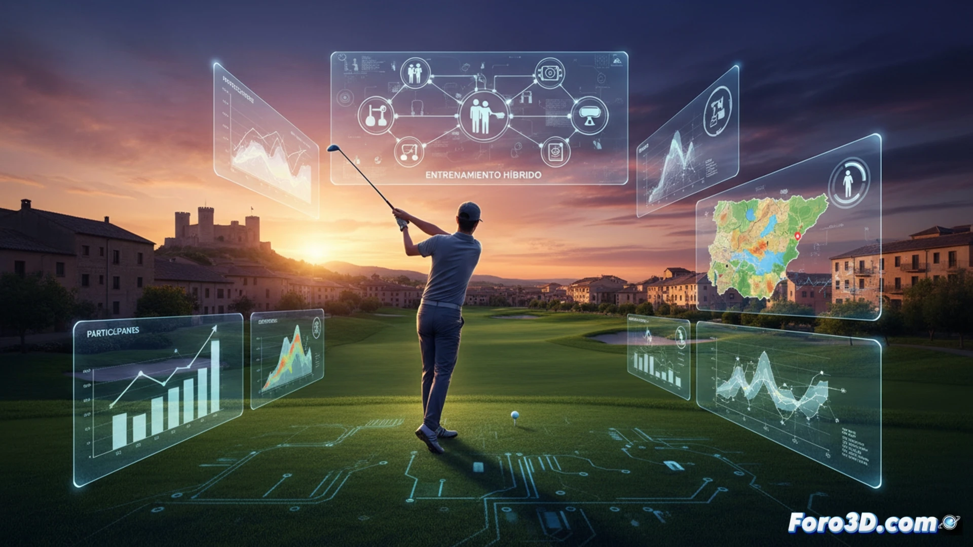 Atleta realizando transición fluida entre levantamiento de pesas olímpico y un swing de golf en un solo entrenamiento, cronómetro digital mostrando datos de rendimiento en tiempo real, sensores biométricos en muñeca y pecho, barras de pesas con discos de carga, palo de golf apoyado en soporte técnico, suelo de césped sintético con marcadores de distancia, fondo de graderío lleno de espectadores, luces LED blancas sobre el área de competición, estilo cinematográfico fotorrealista, acción congelada en el momento del impacto del palo con la bola, sudor visible en la piel, textura metálica de las pesas, profundidad de campo marcada, iluminación dramática de estadio