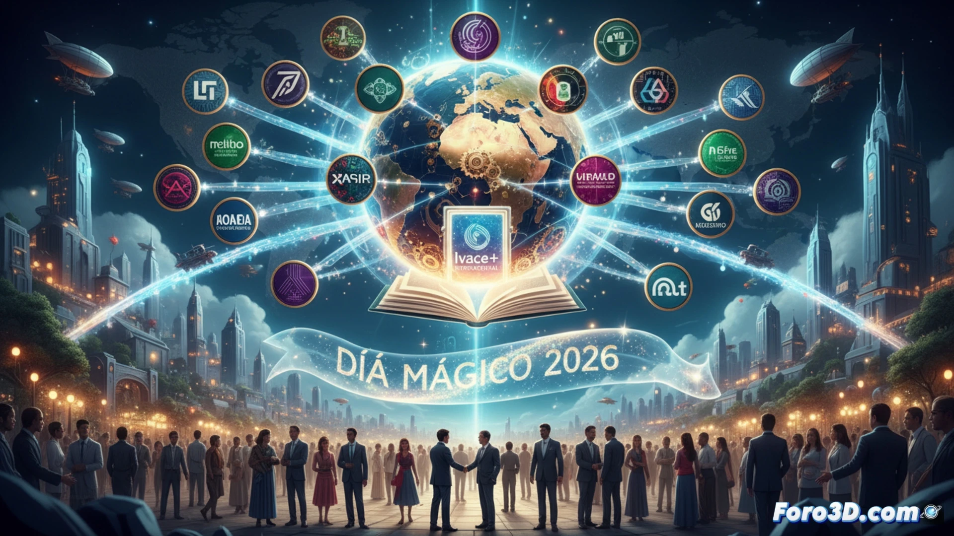 29 global business professionals from diverse countries gathered around a central holographic globe, digital handshake interfaces glowing between them, interactive data screens floating mid-air displaying international trade routes and innovation metrics, during a collaborative networking session at a futuristic expo hall, sleek metallic podiums with integrated touch panels, dynamic blue and gold lighting reflecting on polished floors, cinematic engineering visualization, ultra-detailed corporate environment, photorealistic technical render